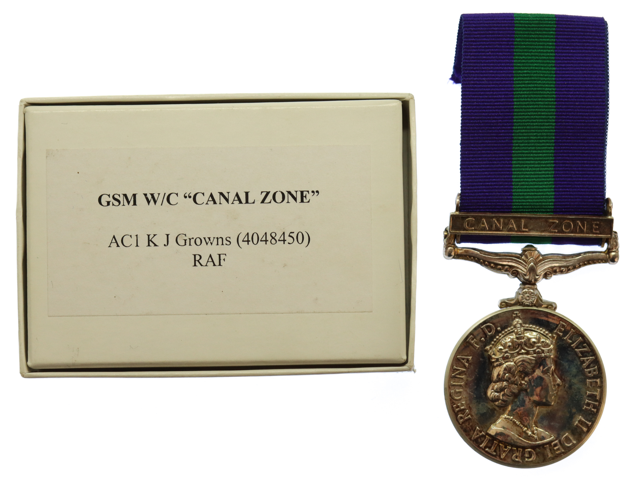 General Service Medal (Clasp - Canal Zone) - AC1 K.J. Growns, Royal Air Force