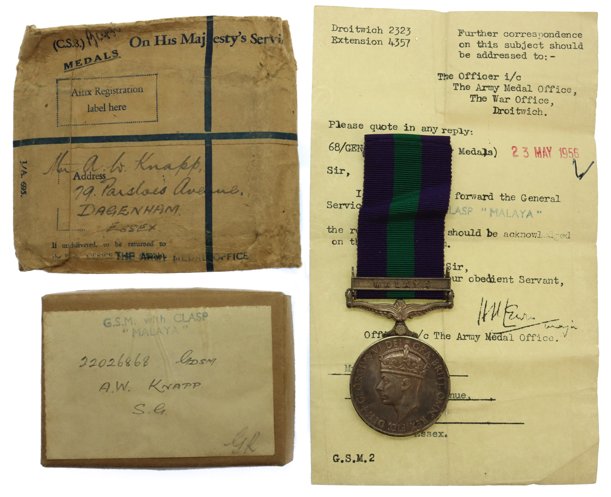 General Service Medal (Clasp - Malaya) - Gdsm. A.W. Knapp, 2nd Bn. Scots Guards