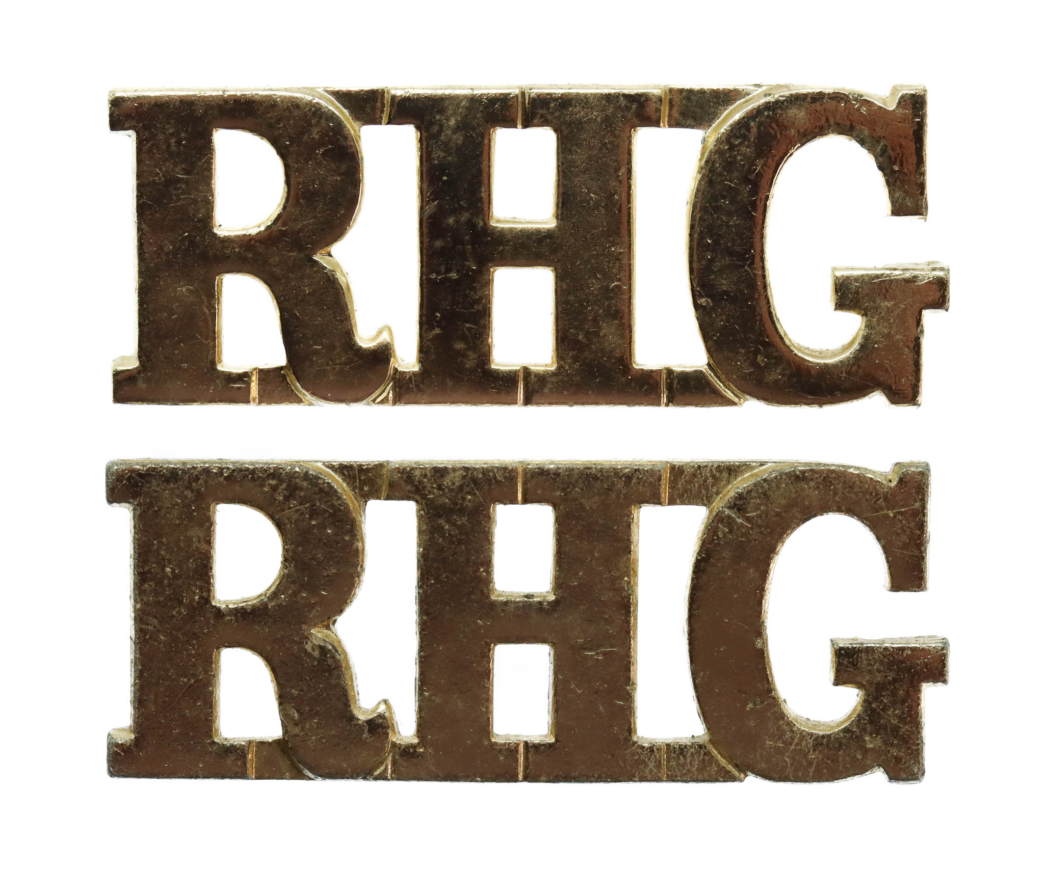 Pair of Royal Horse Guards (R.H.G.) Anodised (Staybrite) Shoulder Titles