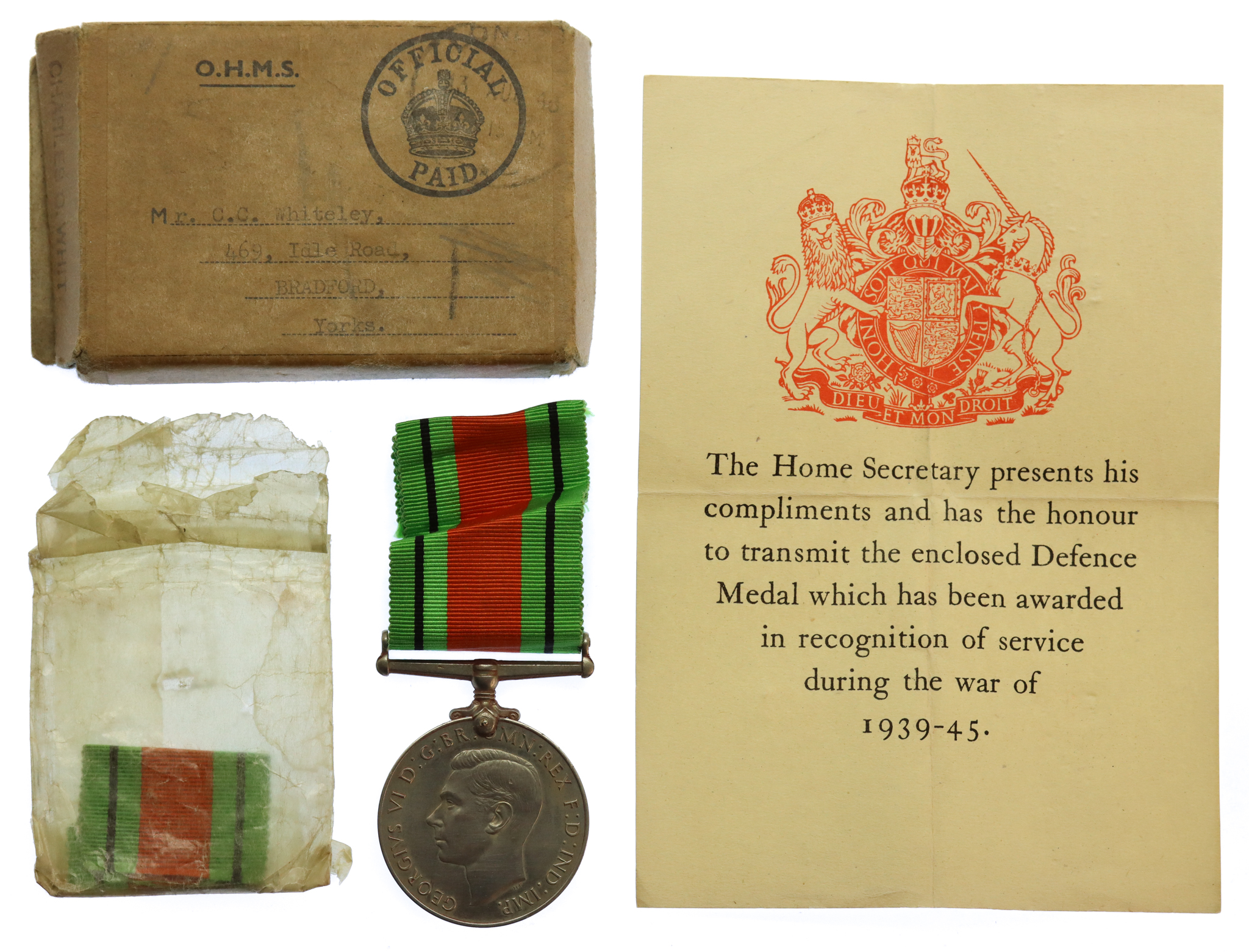 WW2 Defence Medal in Box of Issue with Entitlement Slip - Charles C. Whiteley, Auxiliary Fire Service