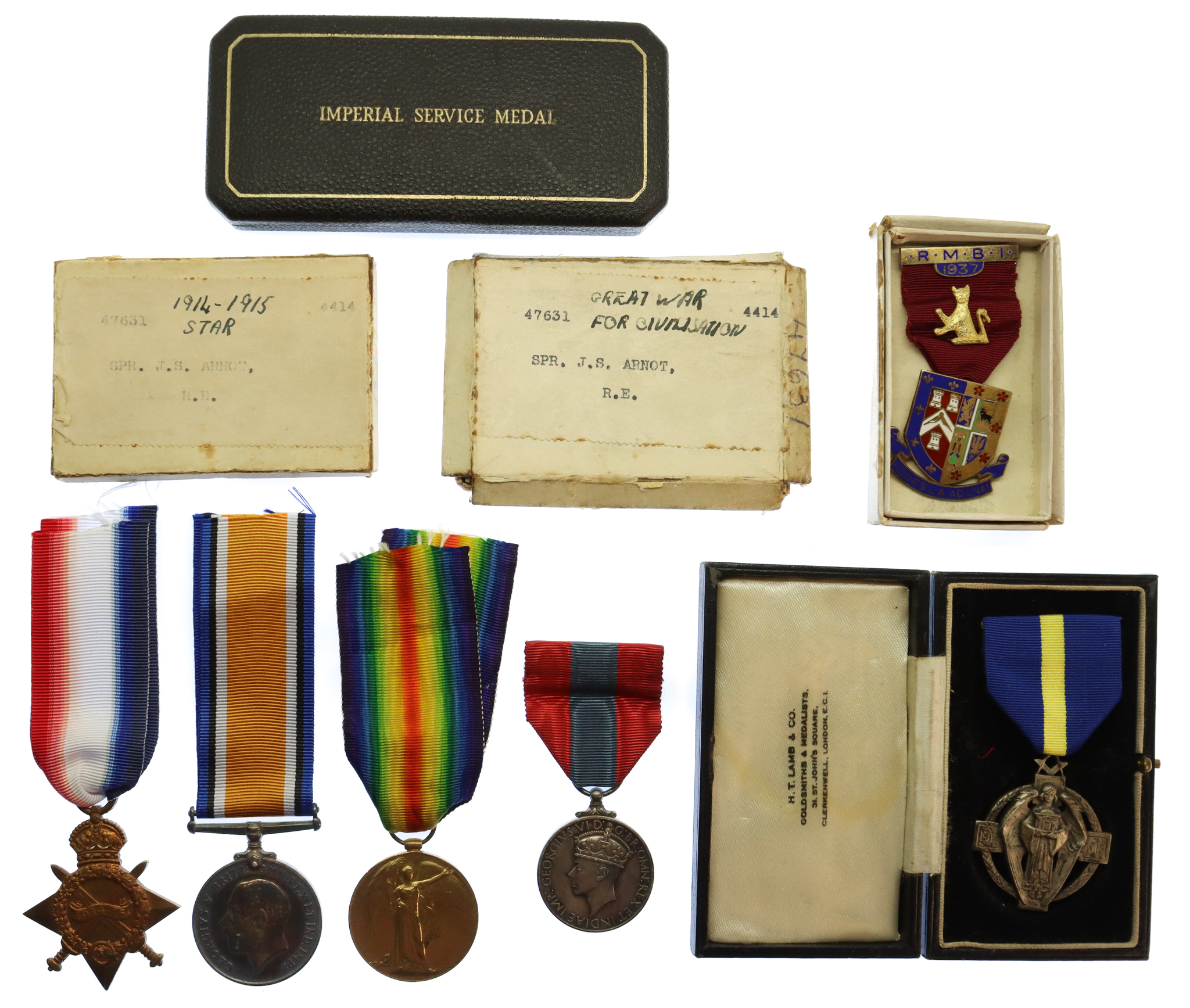 WW1 1914-15 Star Trio and Imperial Service Medal Group of Four with Two Masonic Jewels - Spr. J.S. Arnot, Royal Engineers