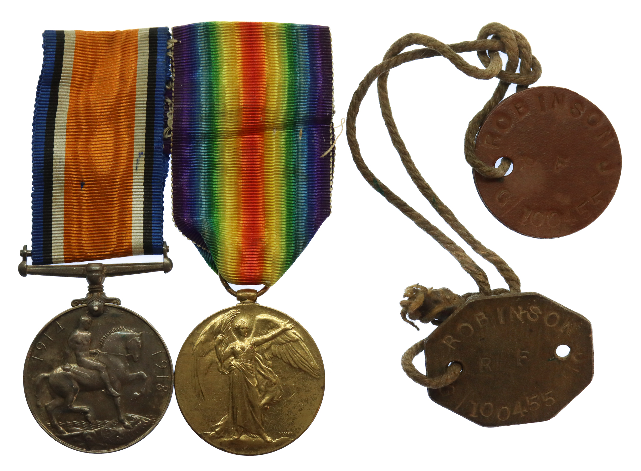 WW1 British War & Victory Medal Pair with Dog Tags - Pte. J. Robinson, West Riding Regiment (Later Royal Fusiliers)