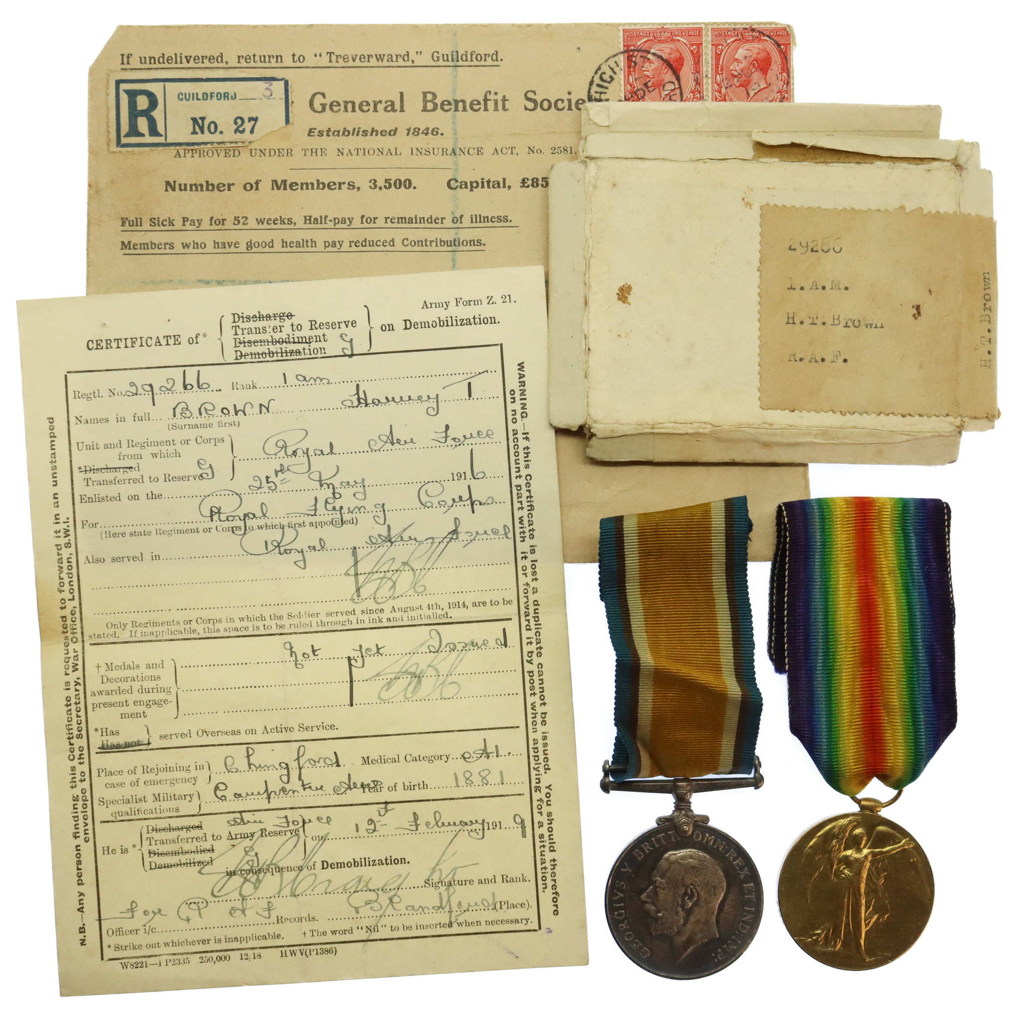 WW1 British War & Victory Medal Pair with Box of Issue & Certificate of Transfer to Reserve - 1.A.M. H.T. Brown, Royal Air Force