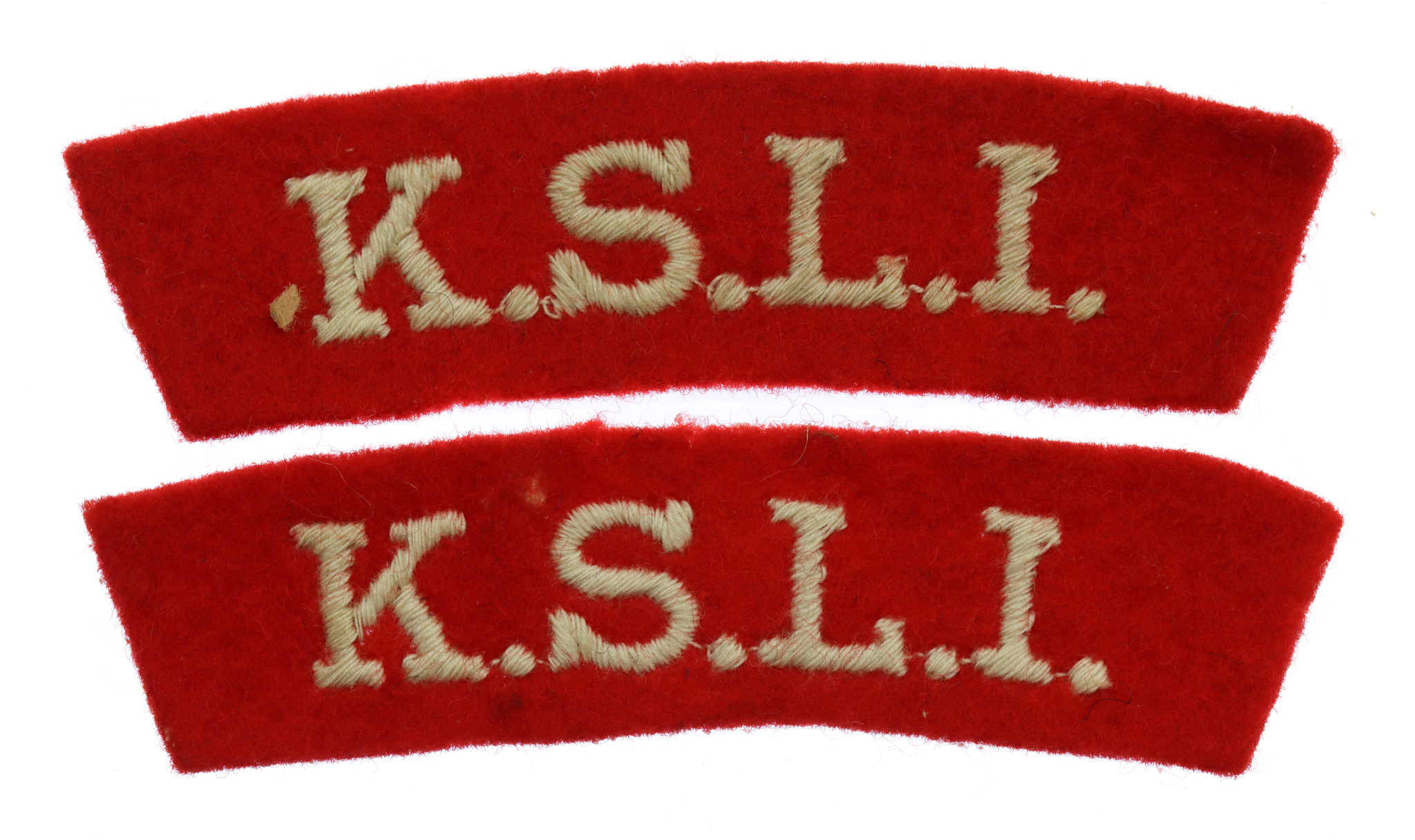 Pair of King's Shropshire Light Infantry (K.S.L.I.) Cloth Shoulder Titles