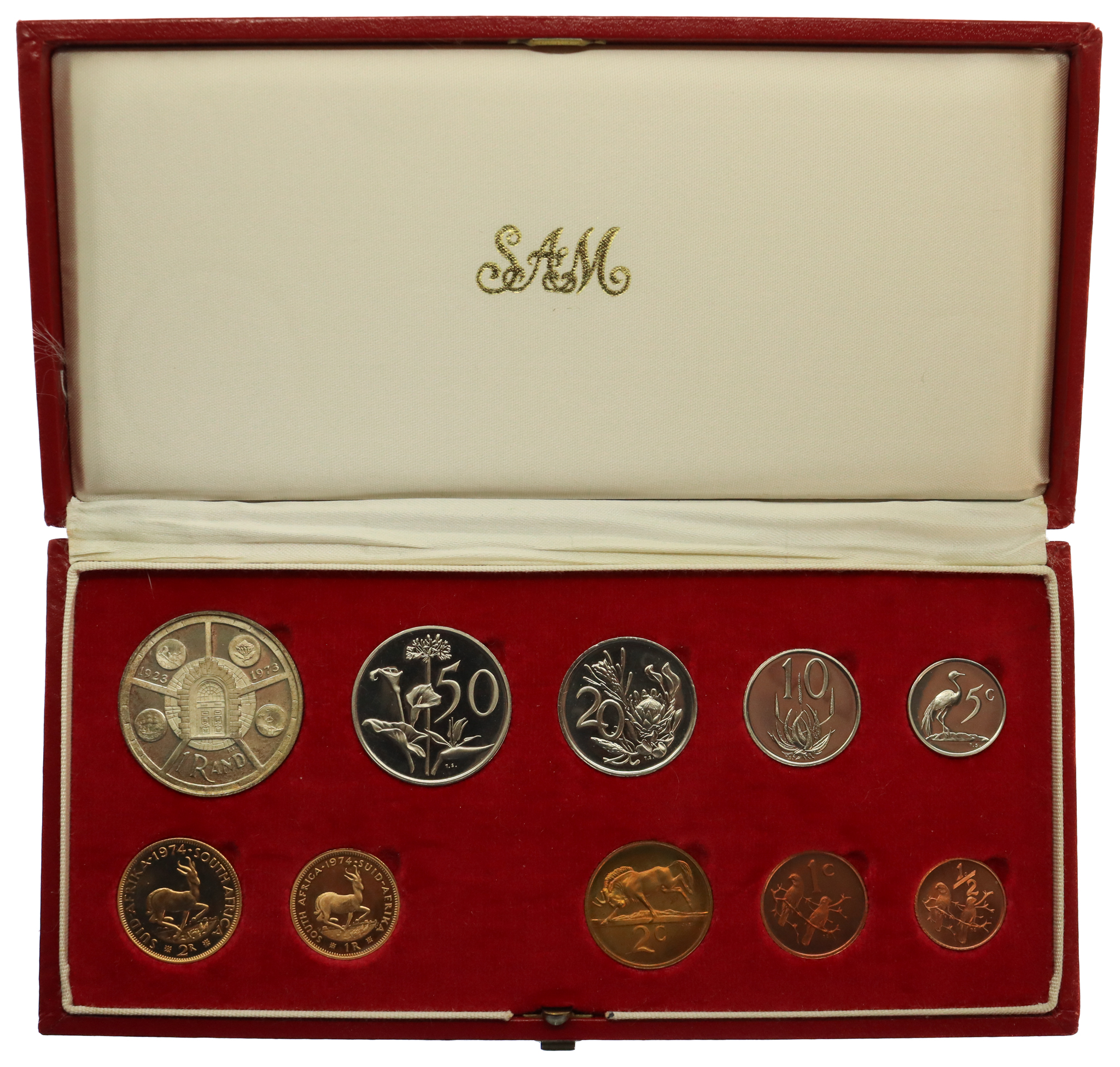South Africa Mint 1974 Proof 10 Coin Set (Inc. Gold 2 Rand and 1 Rand Coins)