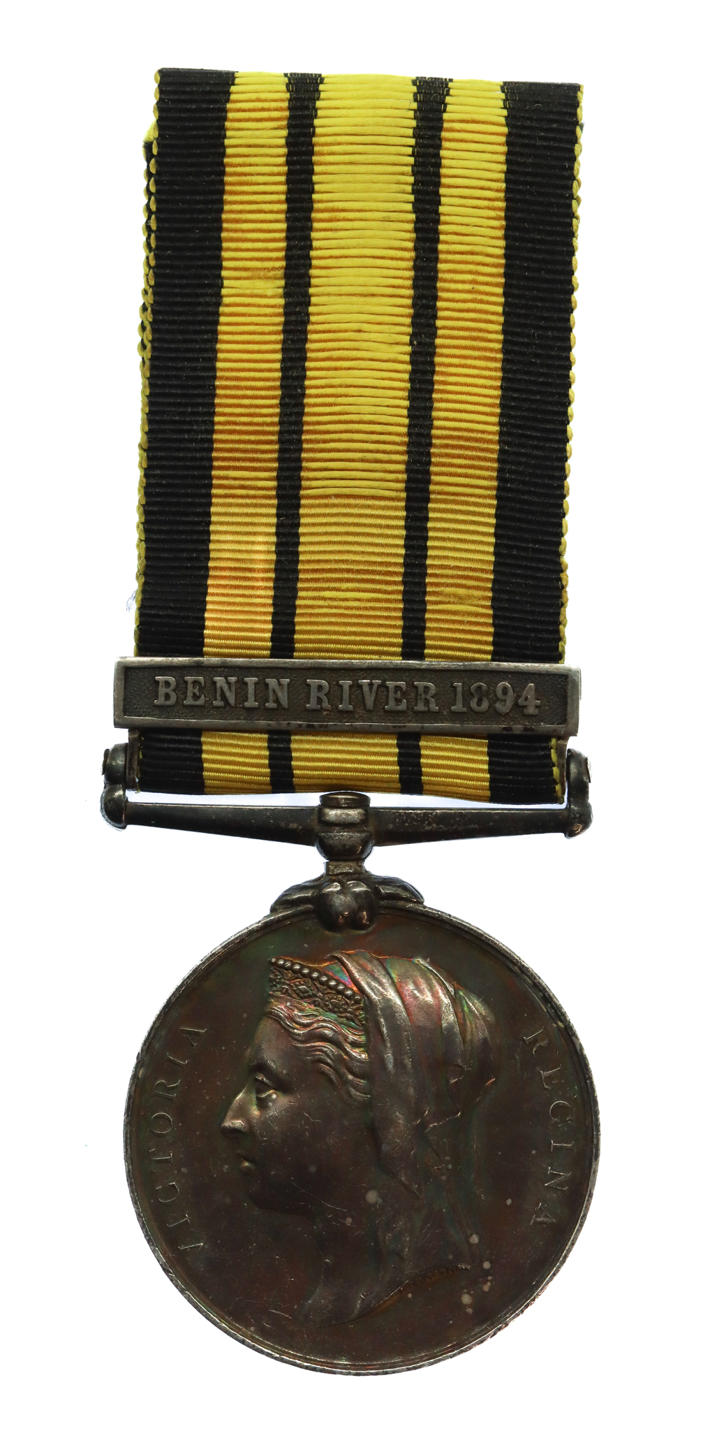 East and West Africa Medal (Clasp - Benin River 1894) - J.R. Davies, Ch. Car. Mte. Royal Navy, H.M.S. Philomel