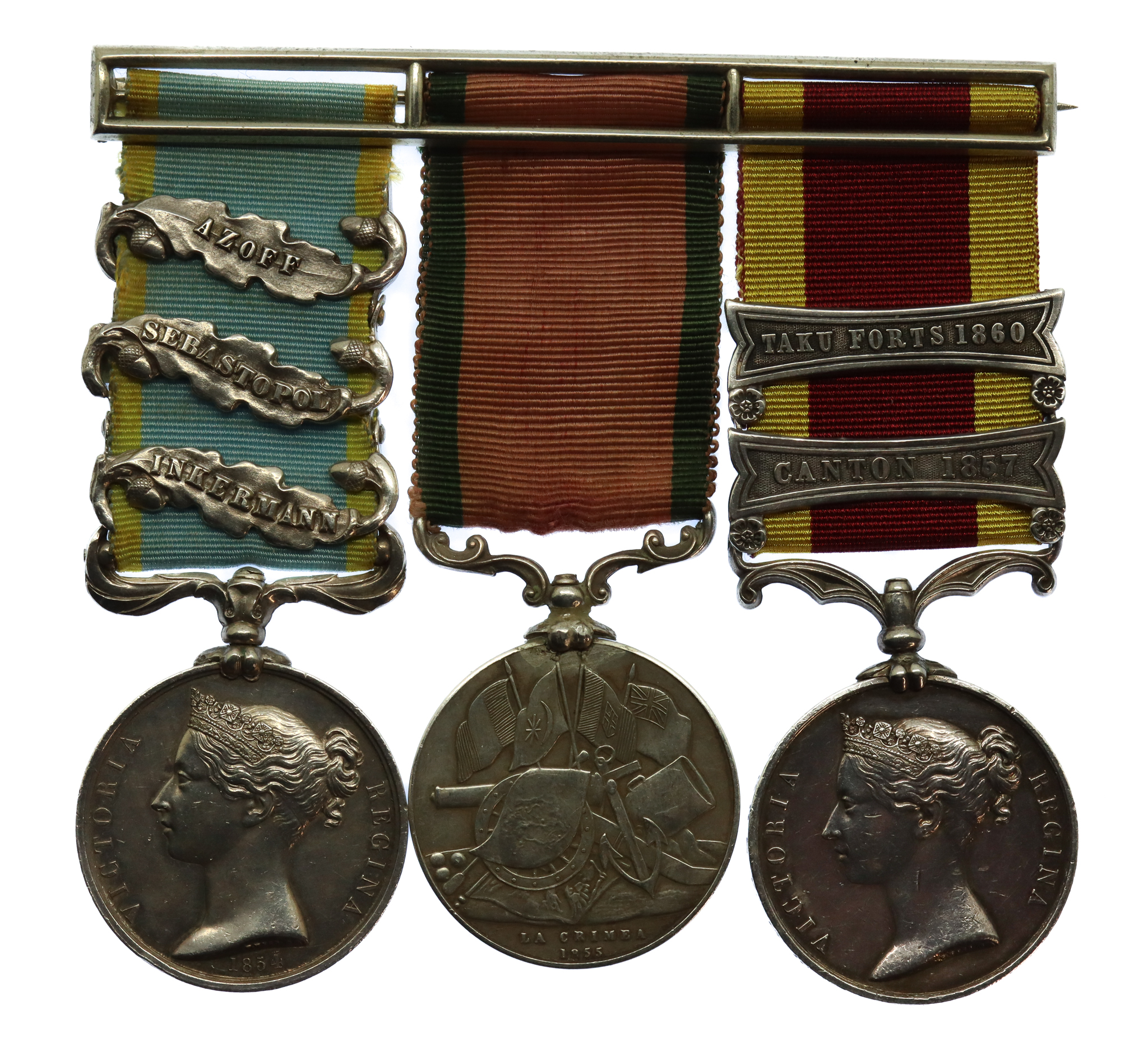 1854 Crimea Medal (Clasps - Inkermann, Sebastopol, Azoff), Turkish Crimea and Second China War Medal (Clasps - Canton 1857, Taku Forts 1860) Group of Three - Gnr. A. Grey, Royal Marine Artillery