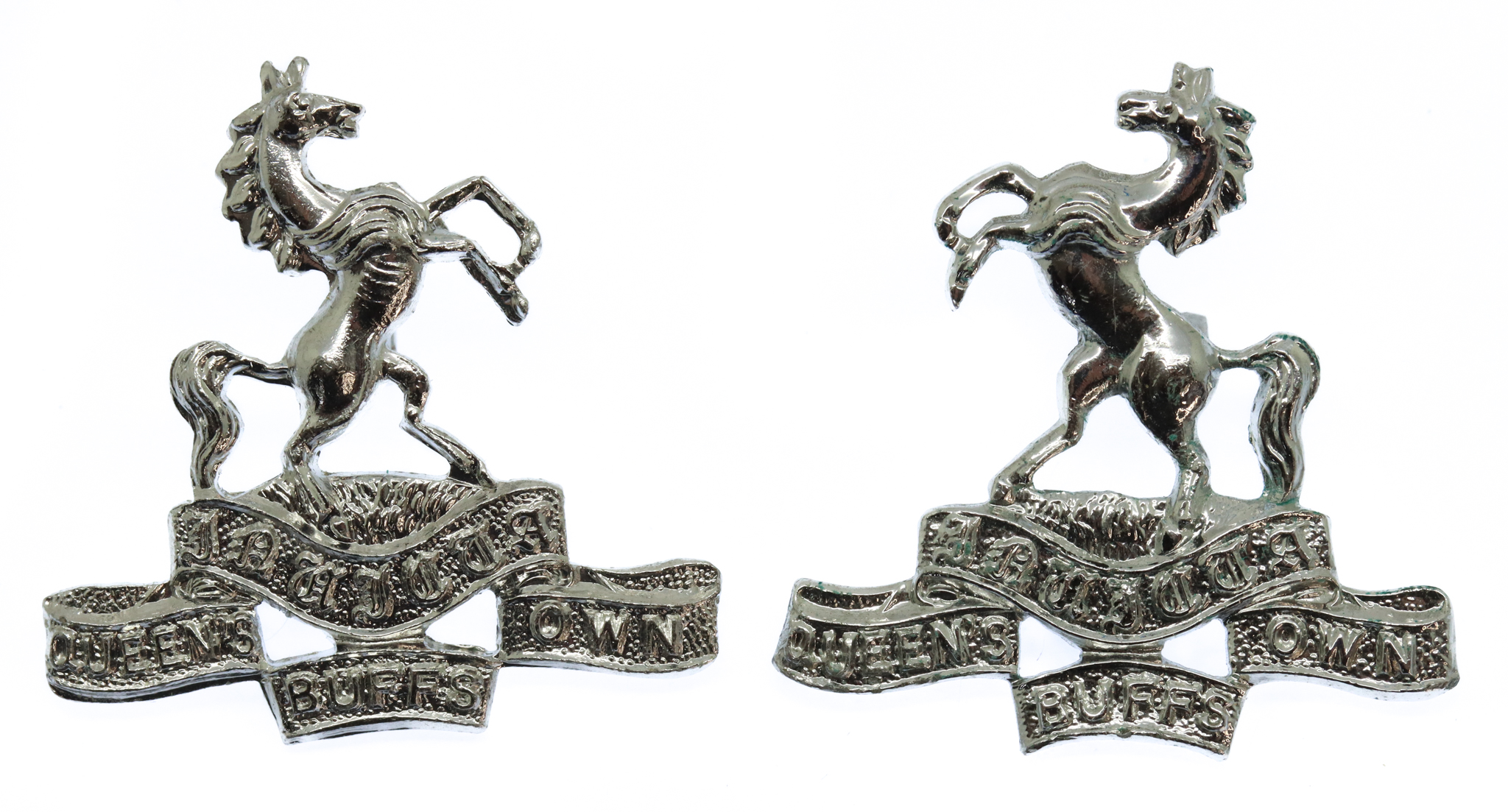 Pair of Queen's Own Buffs, Royal Kent Regiment Anodised (Staybrite) Collar Badges