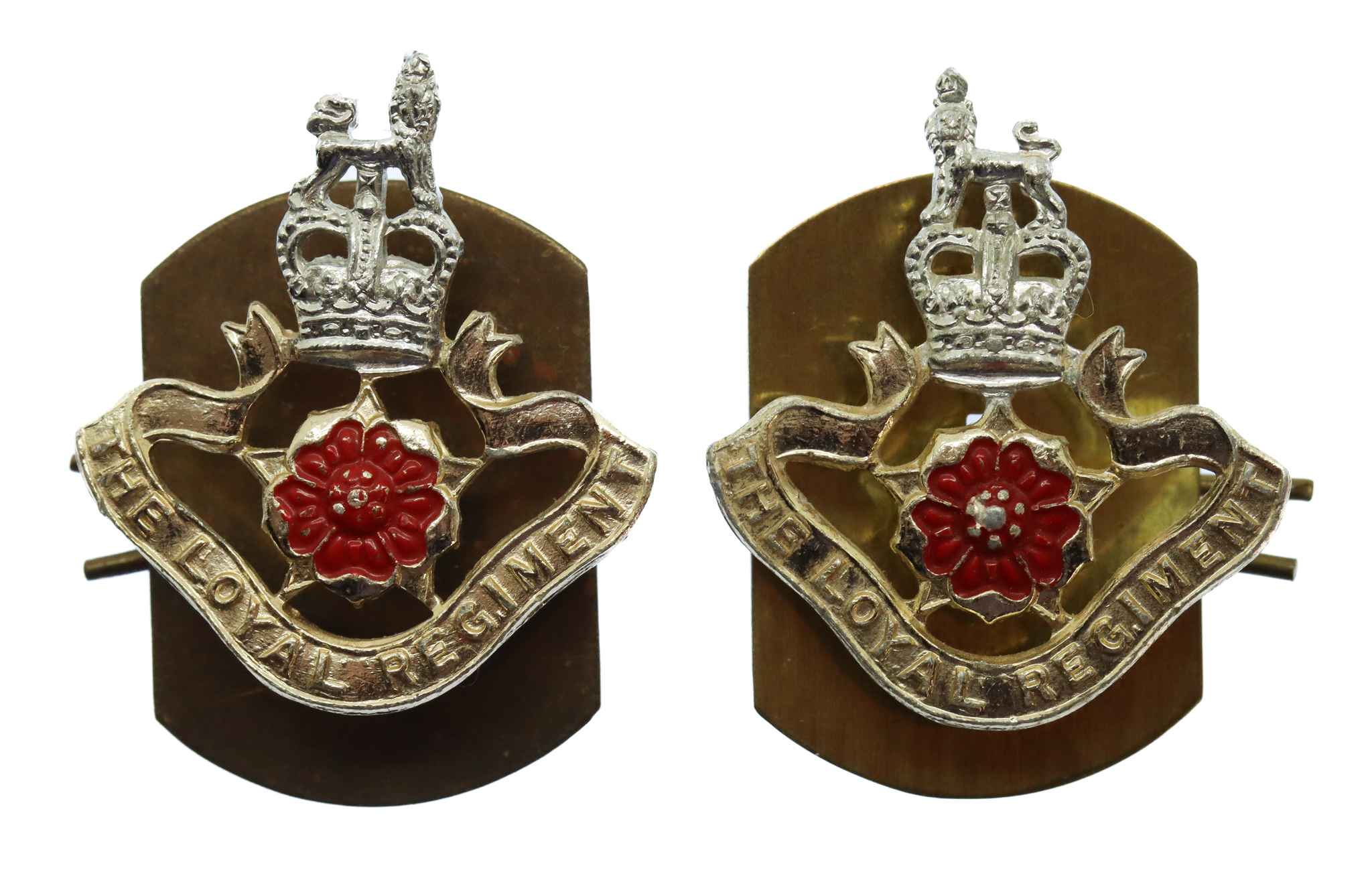Pair of Loyal Regiment Anodised (Staybrite) Collar Badges - Queen's Crown