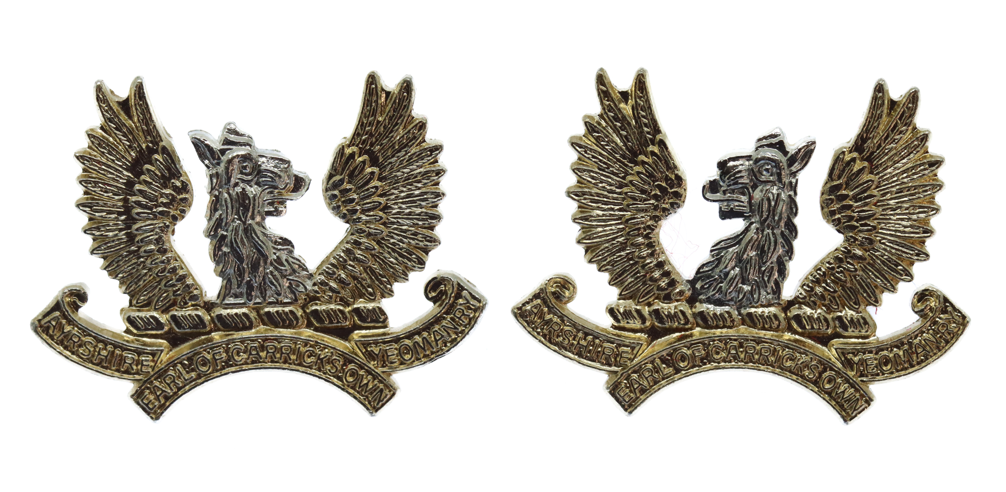 Pair of Ayrshire Yeomanry (Earl of Carrick's Own) Anodised (Staybrite) Collar Badges