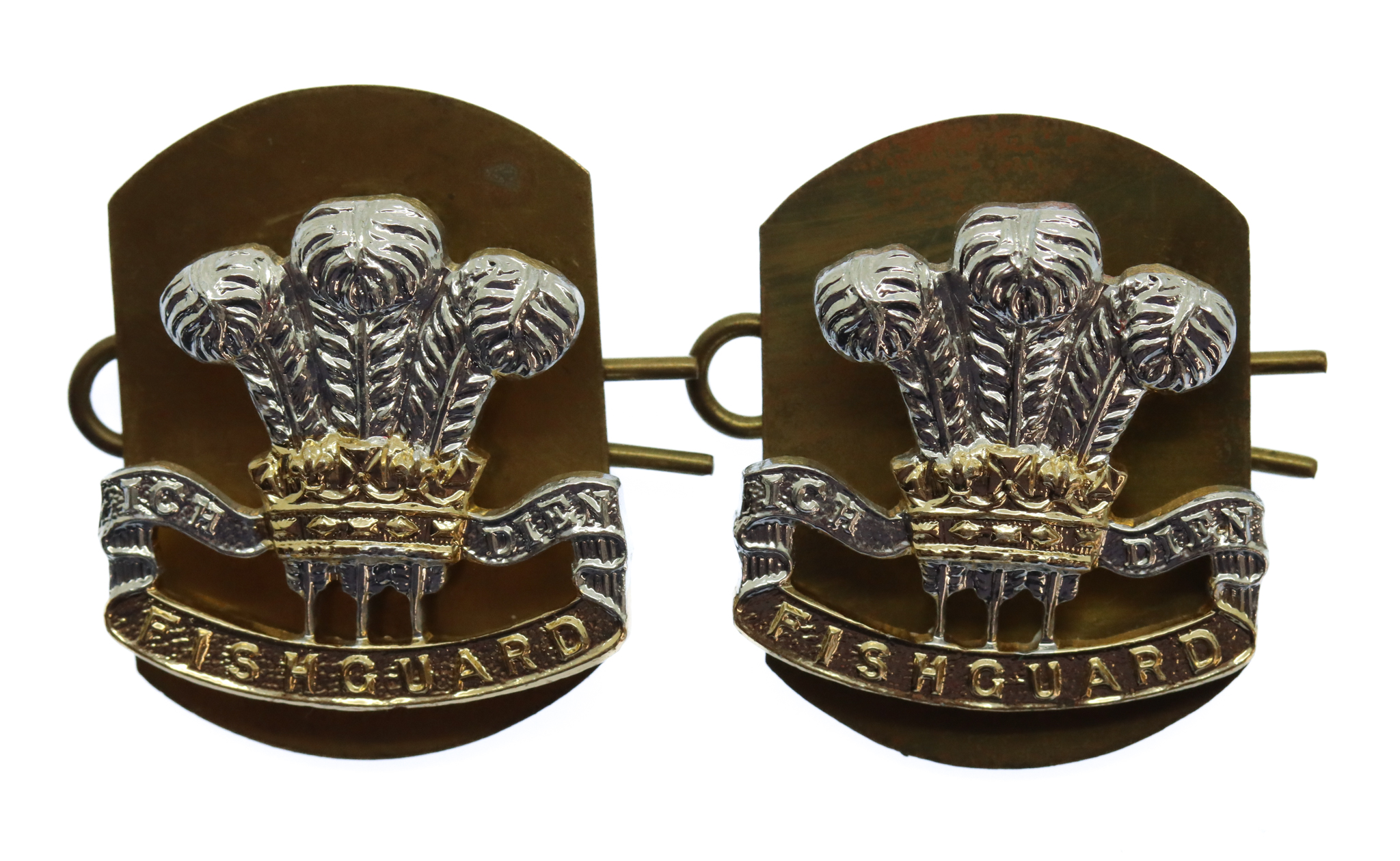 Pair of Pembroke Yeomanry Anodised (Staybrite) Collar Badges 