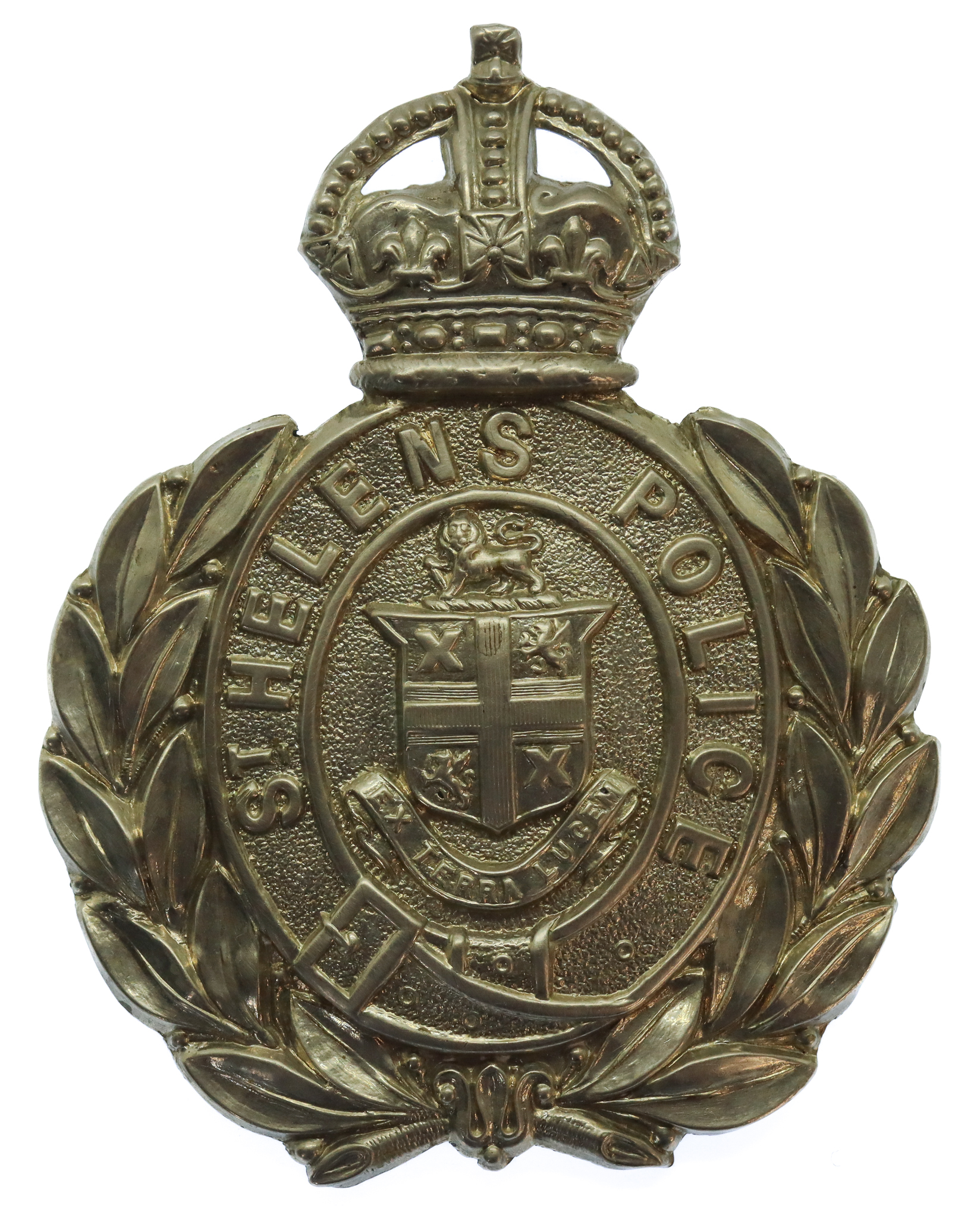 St. Helen's Police White Metal Wreath Helmet Plate - King's Crown