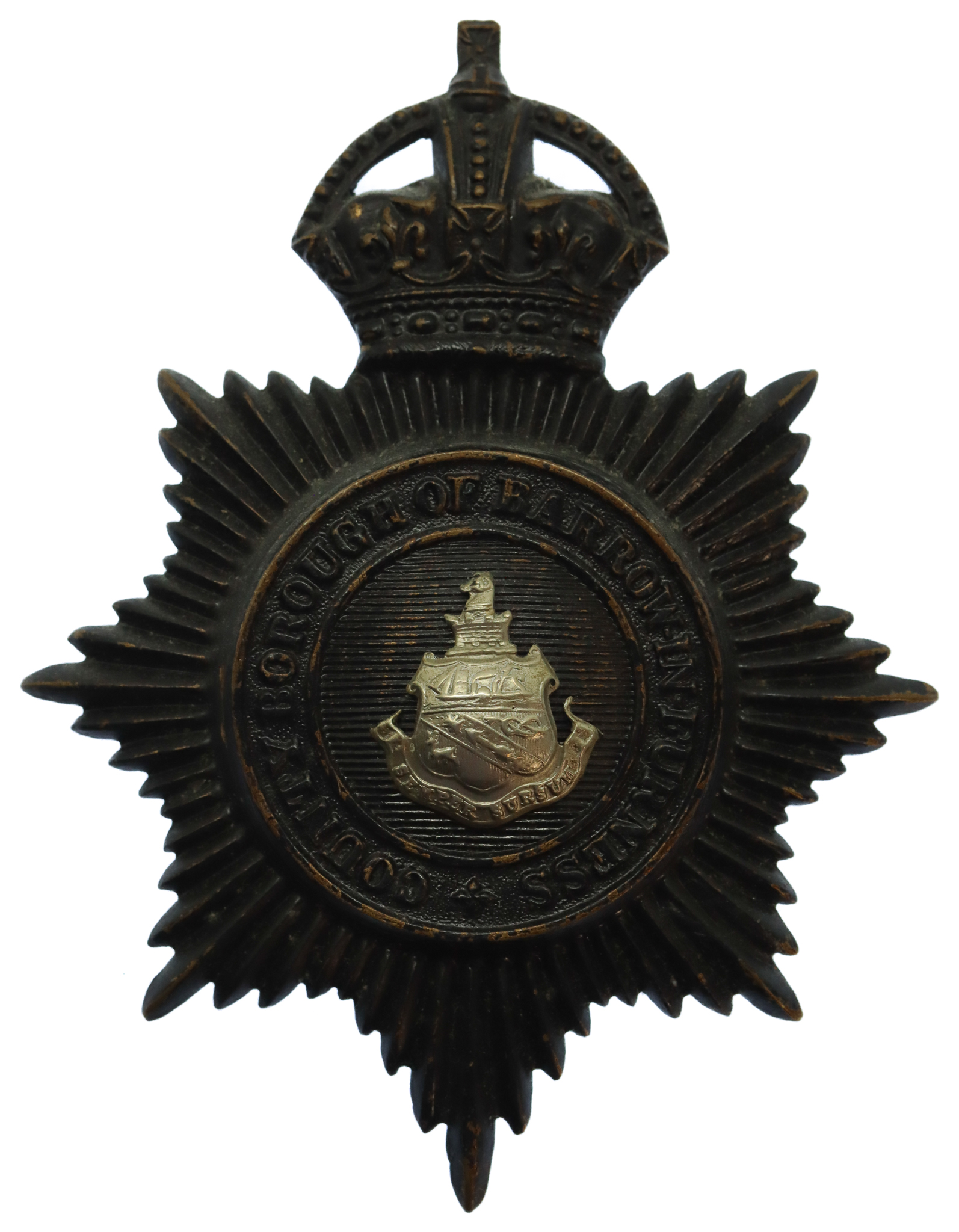 County Borough of Barrow-in-Furness Police Black Helmet Plate - King's Crown