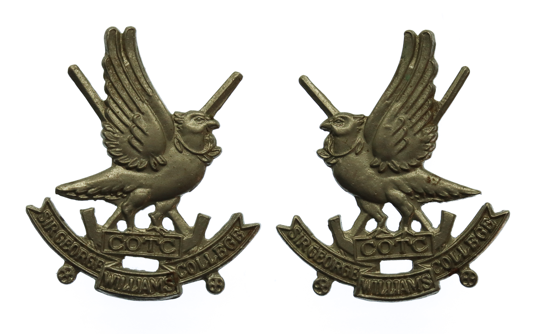 Pair of Canadian Sir George William's College C.O.T.C. Collar Badges 