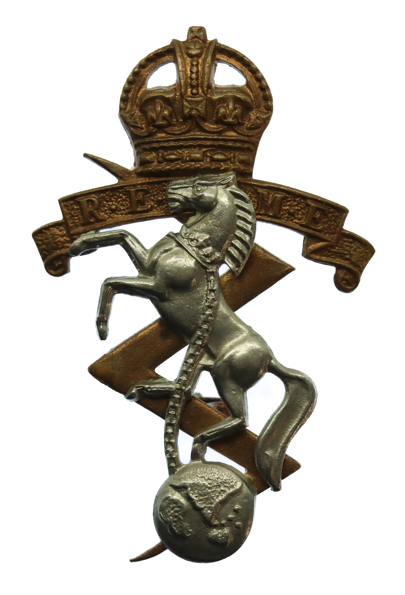 Royal Electrical & Mechanical Engineers (R.E.M.E.) Bi-Metal Cap Badge - King's Crown (2nd Pattern)