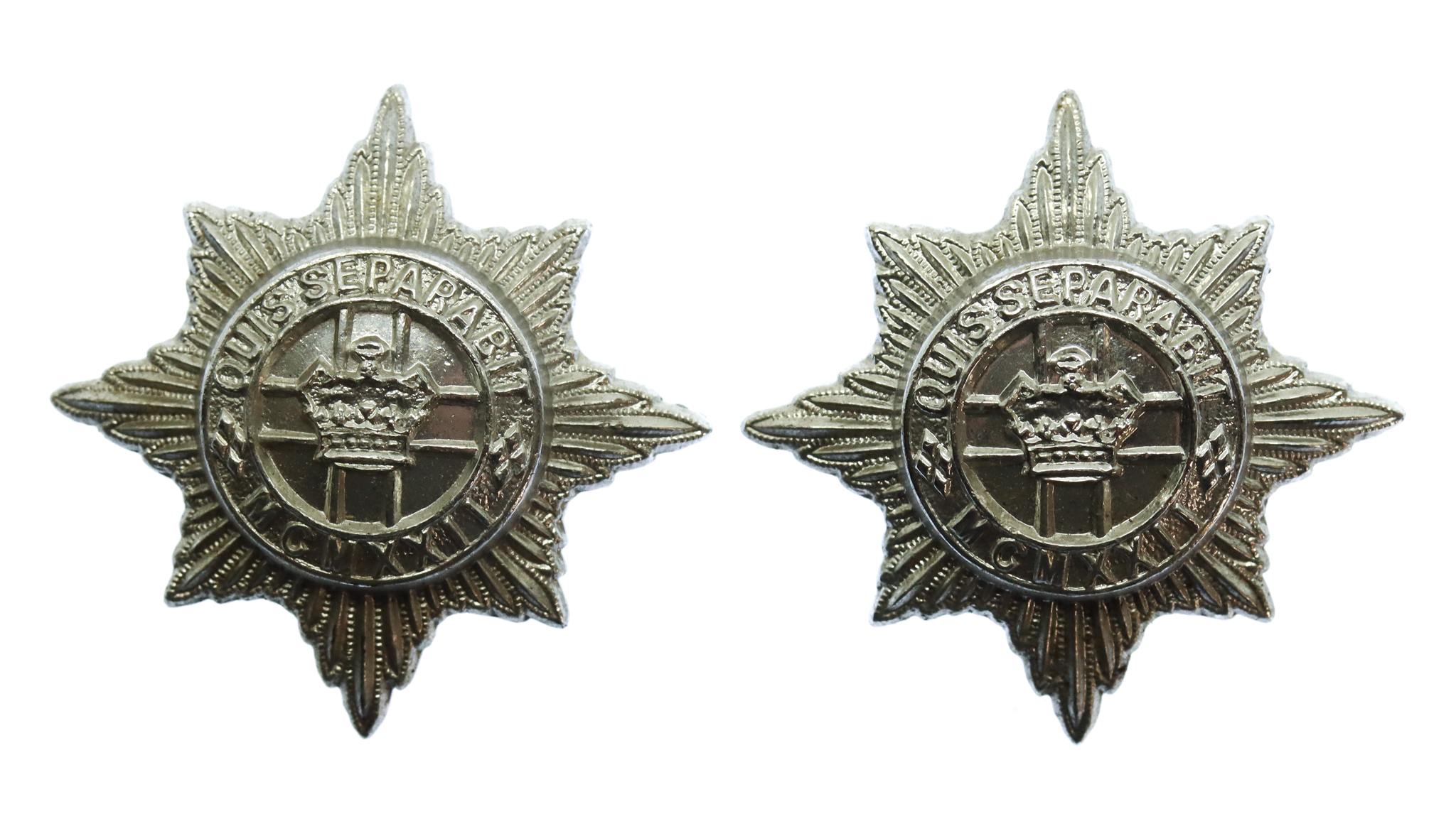 Pair of 4th/7th Royal Dragoon Guards Anodised (Staybrite) Collar Badges 