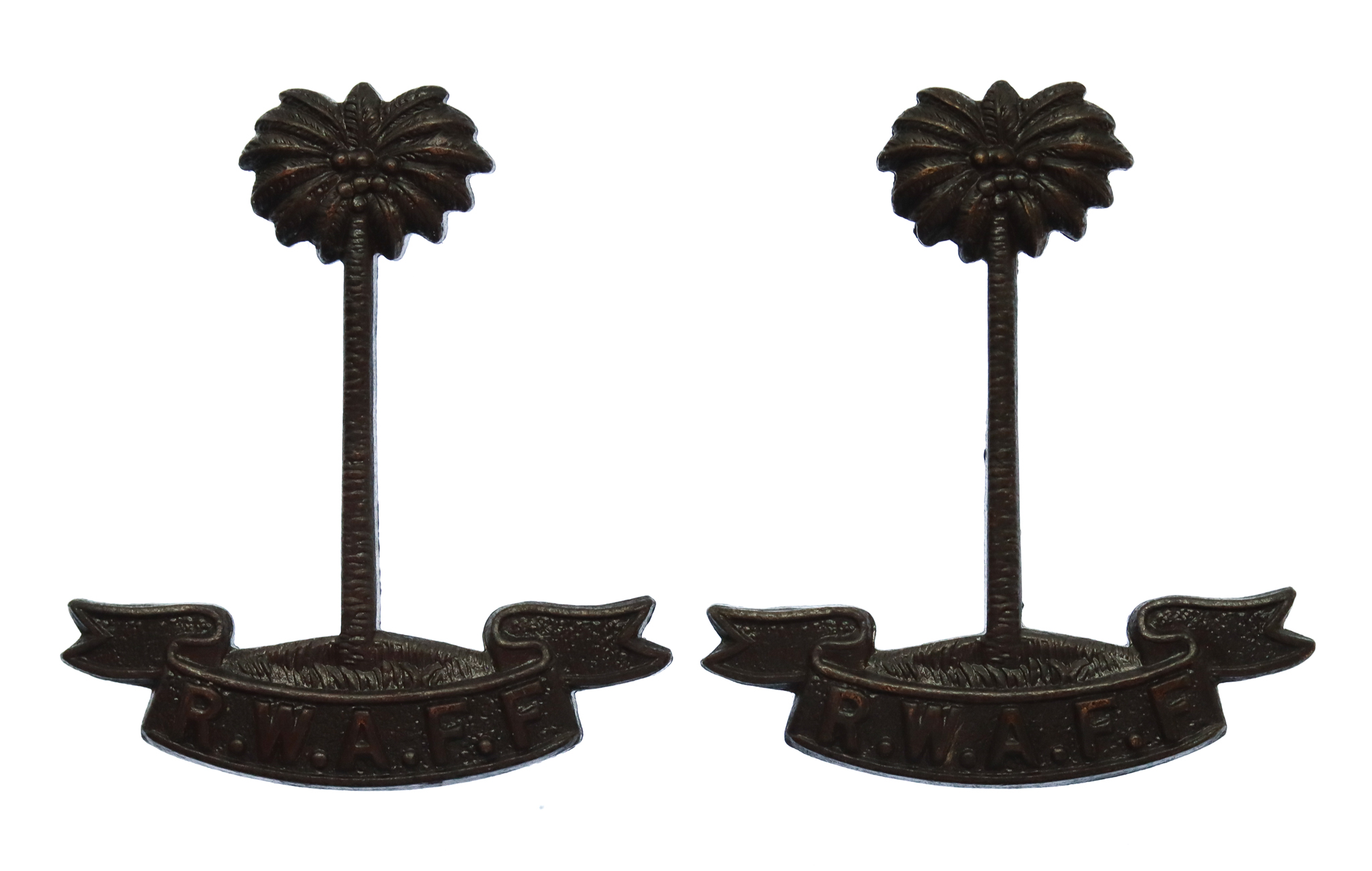 Pair of Royal West African Frontier Force (R.W.A.F.F.) Bronze Collar Badges