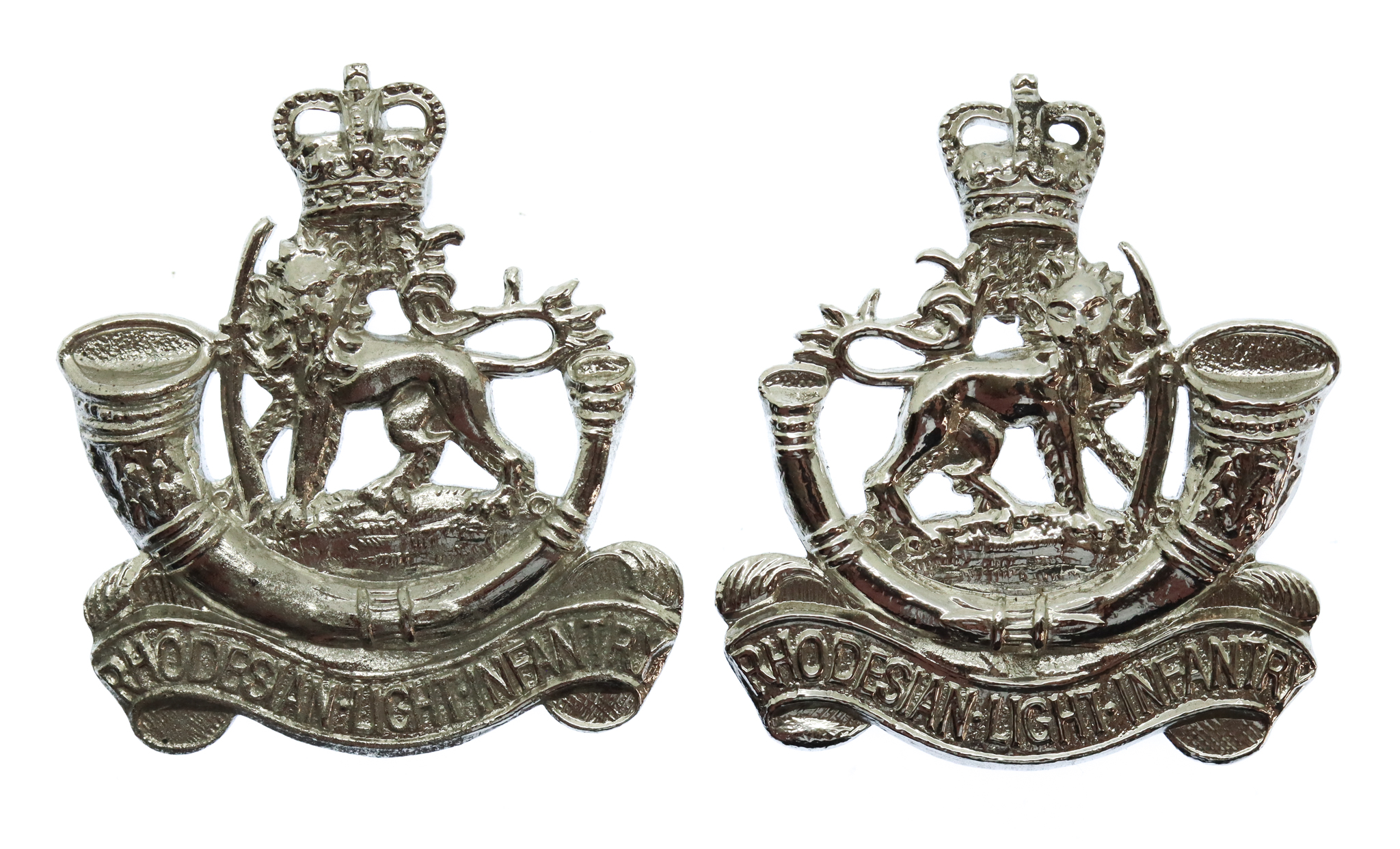 Pair of Rhodesian Light Infantry Anodised (Staybrite) Collar Badges - Queen's Crown