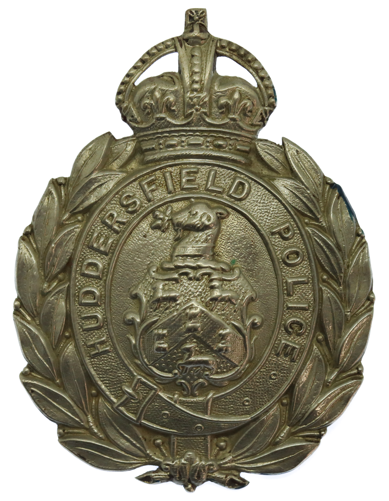 Huddersfield Police White Metal Wreath Helmet Plate - King's Crown