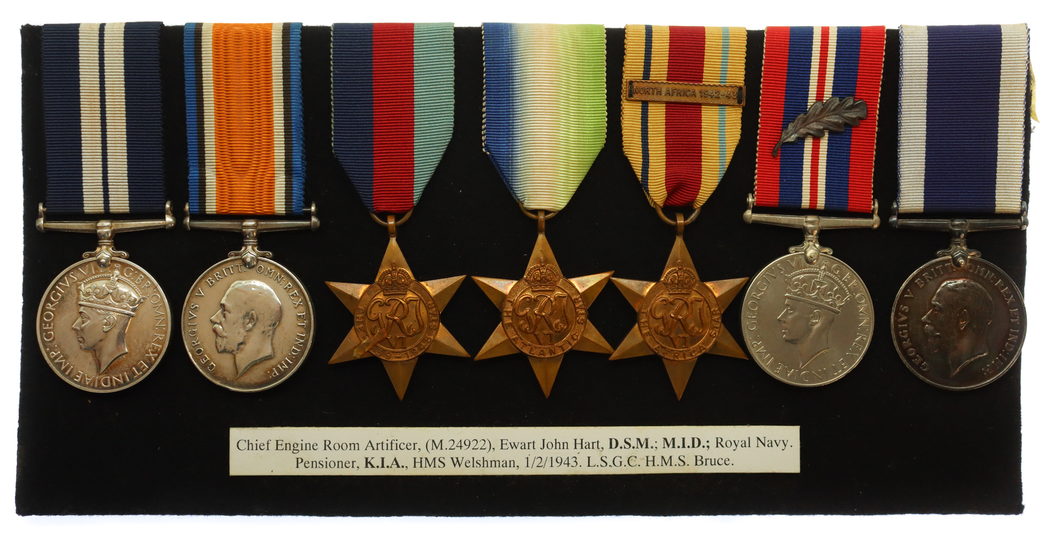 WW2 Distinguished Service Medal and MID Casualty Medal Group of Seven - C.E.R.A. Ewart John Hart, Royal Navy HMS Welshman - K.I.A. 1/2/43