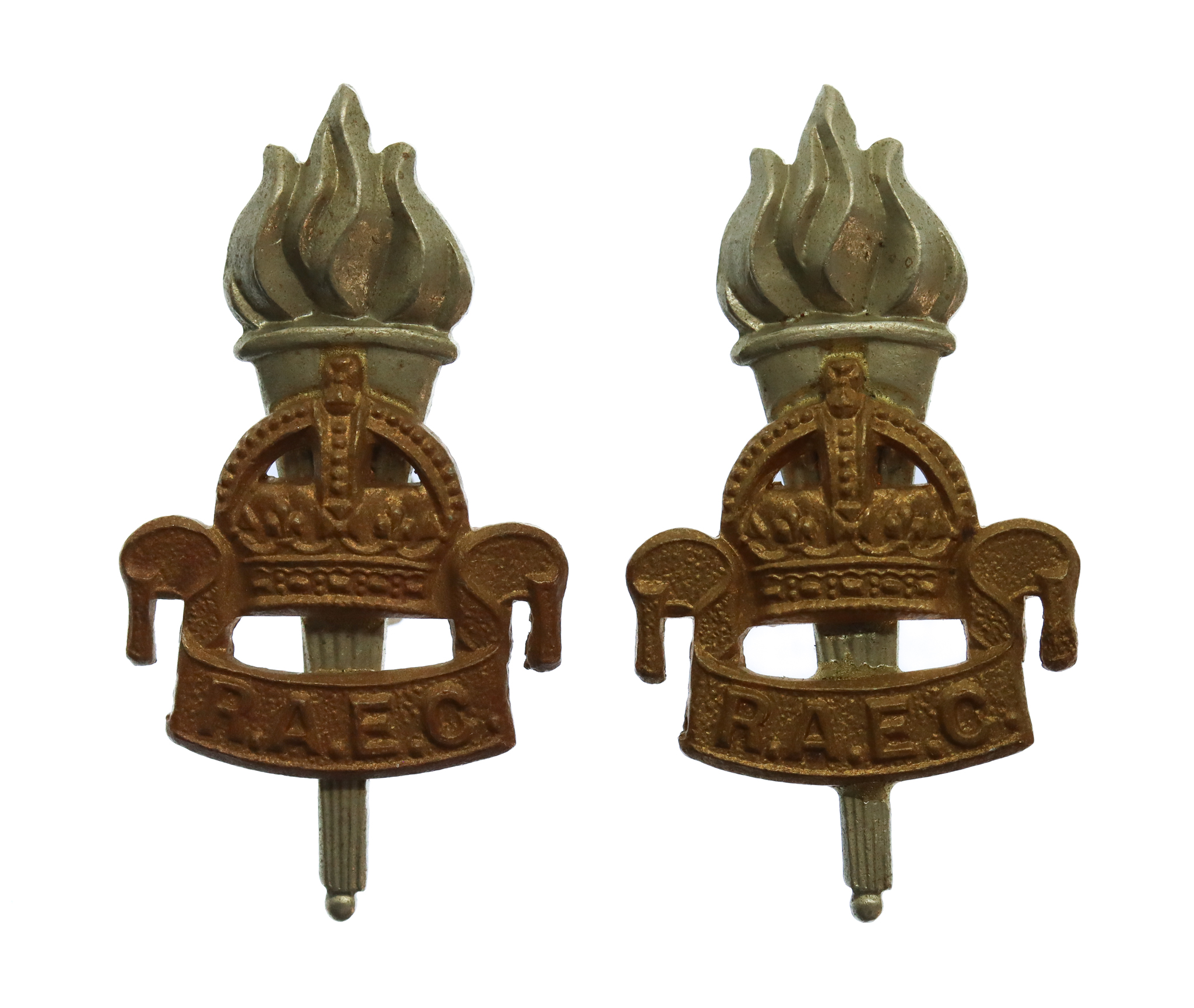 Pair of Royal Army Educational Corps (R.A.E.C.) Bi-Metal Collar Badges - King's Crown