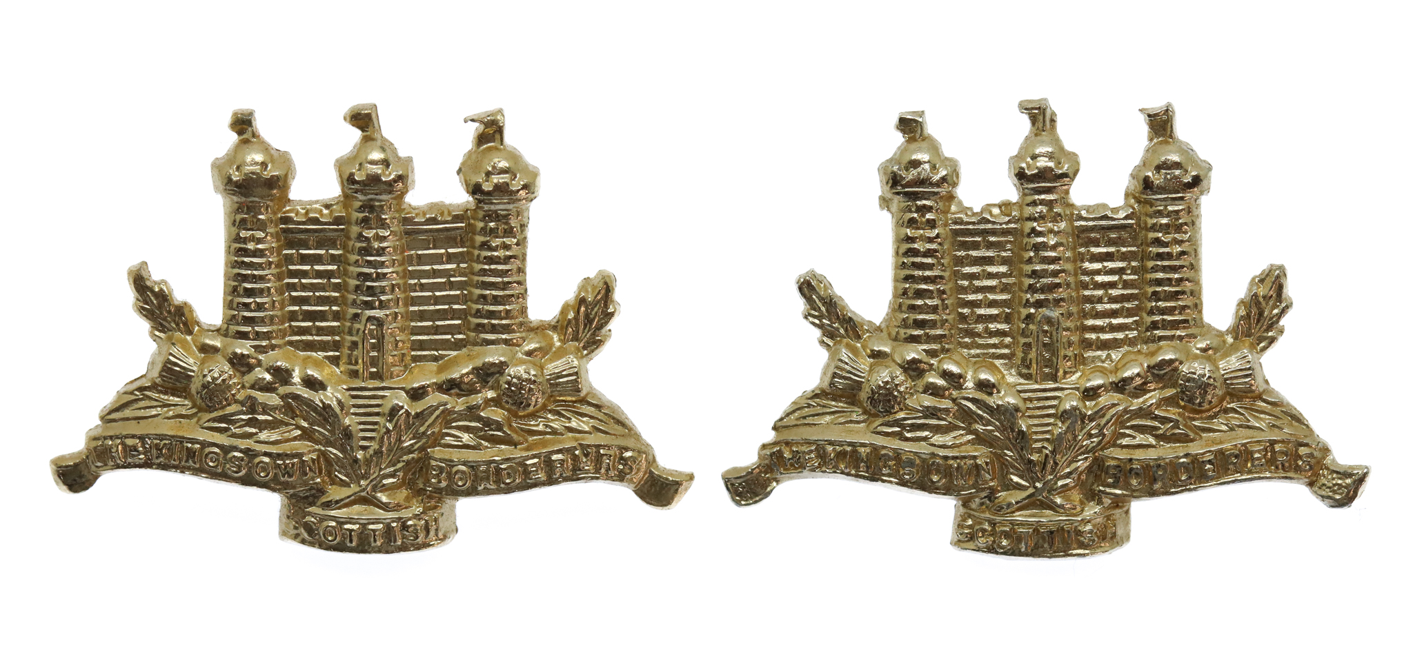 Pair of King's Own Scottish Borderers (K.O.S.B.) Anodised (Staybrite) Collar Badges