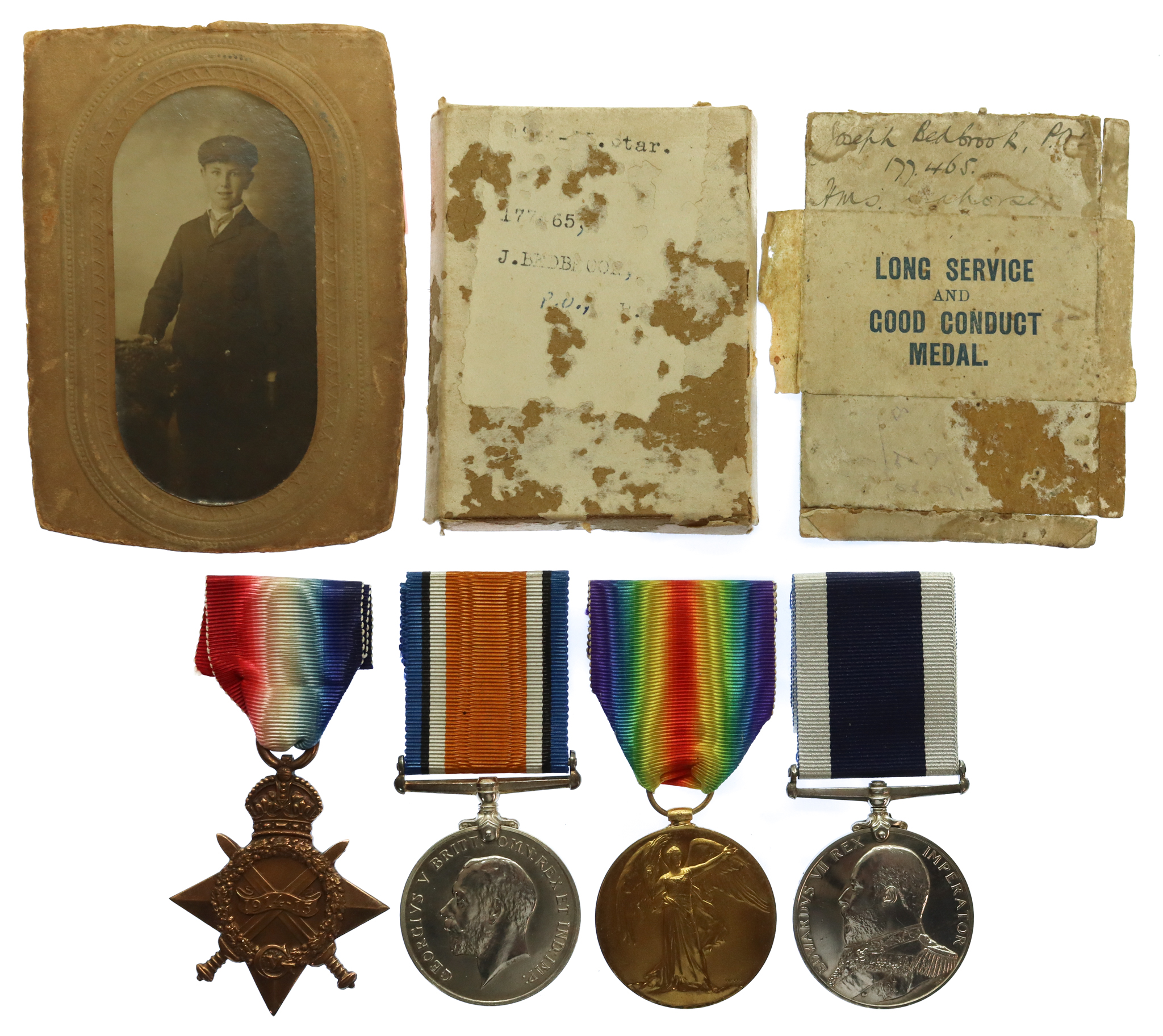 WW1 1914-15 Star, British War Medal, Victory Medal and Edward VII RN Long Service & Good Conduct Medal Group of Four - Petty Officer J. Bedbrook, Royal Navy