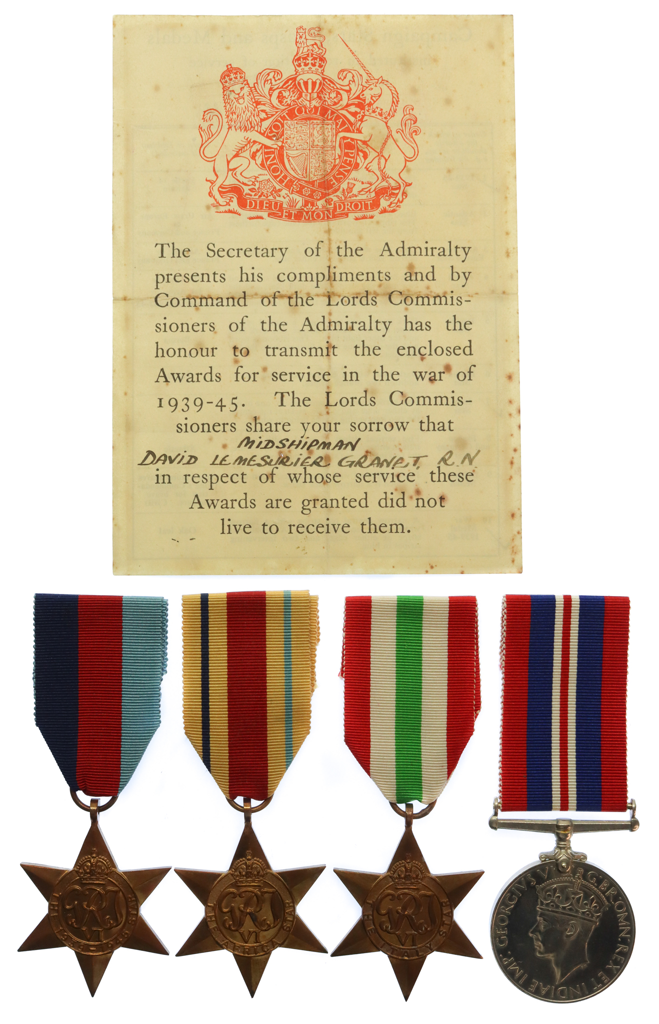 WW2 HMS Intrepid Casualty Medal Group of Four with Condolence Slip - Midshipman David Le Mesurier Granet, Royal Navy - K.I.A. - 26/9/43