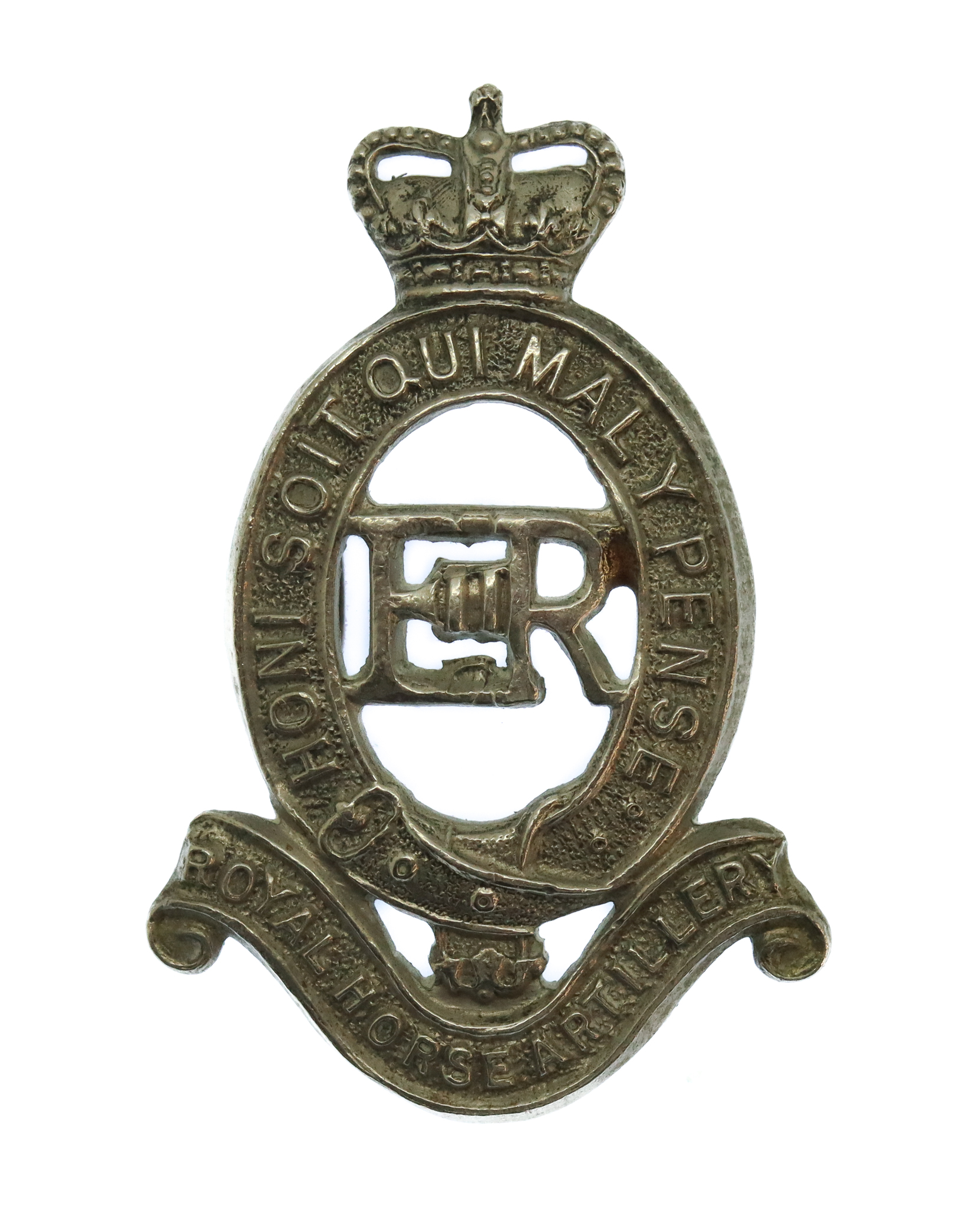 Royal Horse Artillery (R.H.A.) White Metal Cap Badge - Queen's Crown