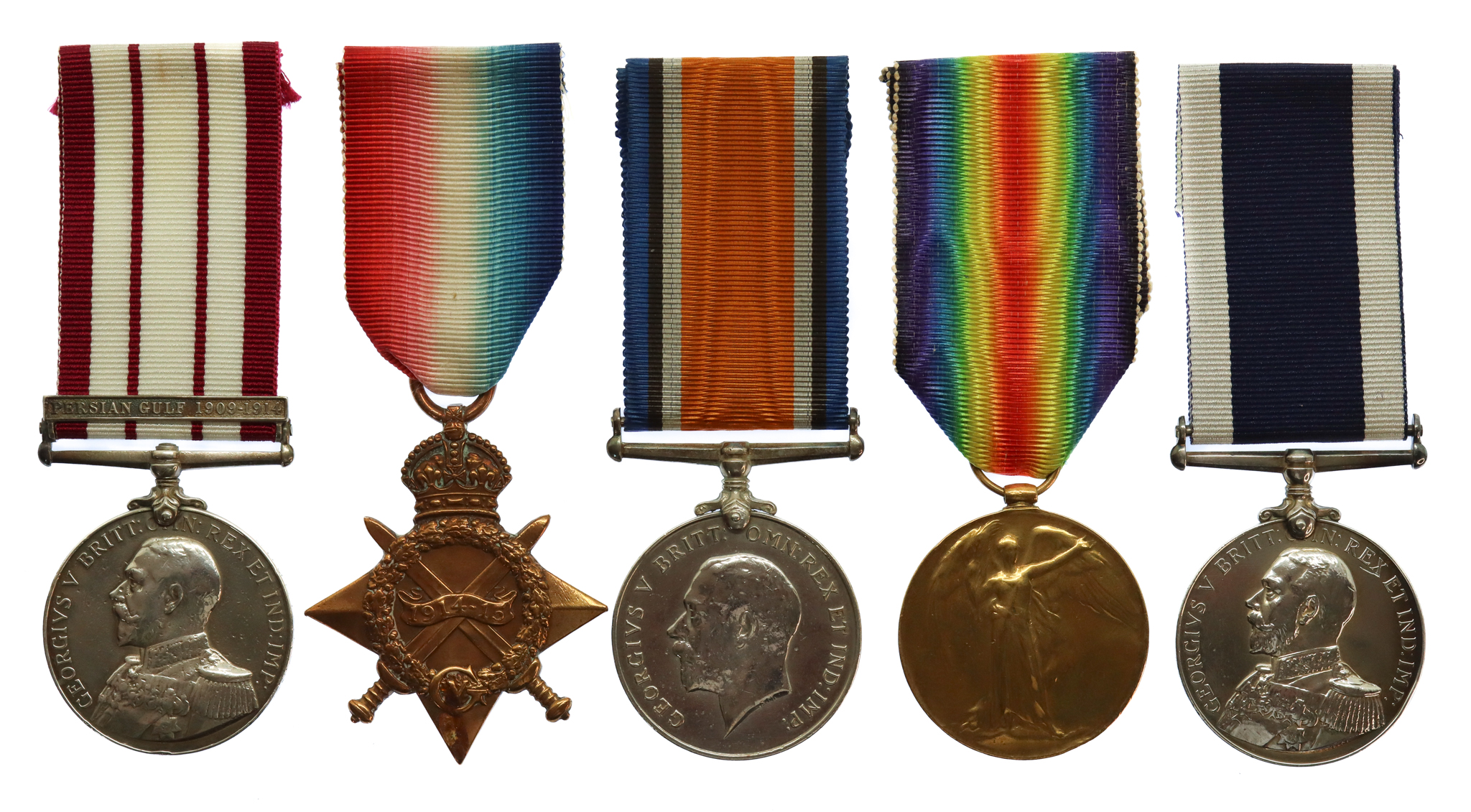 Naval General Service Medal (Clasp - Persian Gulf 1909-1914), WW1 1914-15 Star Trio and Royal Naval LS&GC Medal Group of Five - Ar.Mte. / Ord.Art. J. Duncombe, Royal Navy