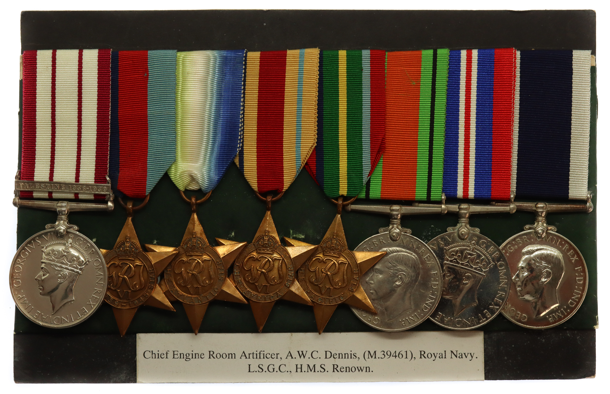 Naval General Service Medal (Clasp - Palestine 1936-1939) and WW2 Long Service & Good Conduct Medal Group of Eight - A.W.C. Dennis, C.E.R.A., Royal Navy