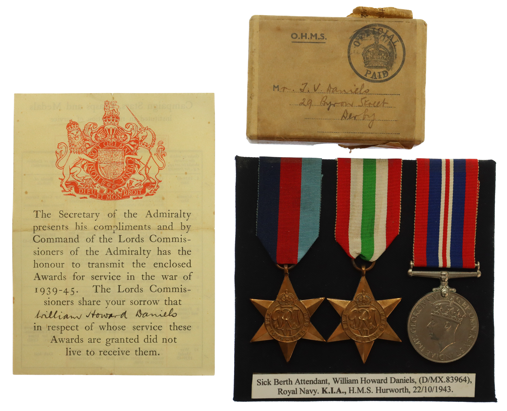 WW2 HMS Hurworth Casualty Medal Group - Sick Berth Attendant W.H. Daniels, Royal Navy - K.I.A. 22/10/43