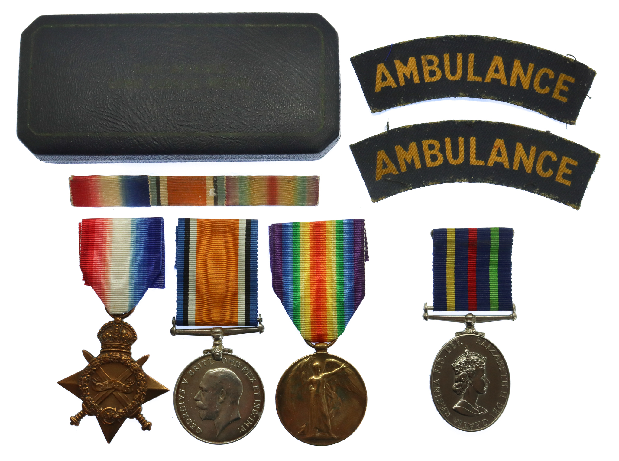 WW1 1914-15 Star Medal Trio with Relatives Civil Defence Long Service Medal - Pte. A.V. Greene, Royal Marine Light Infantry
