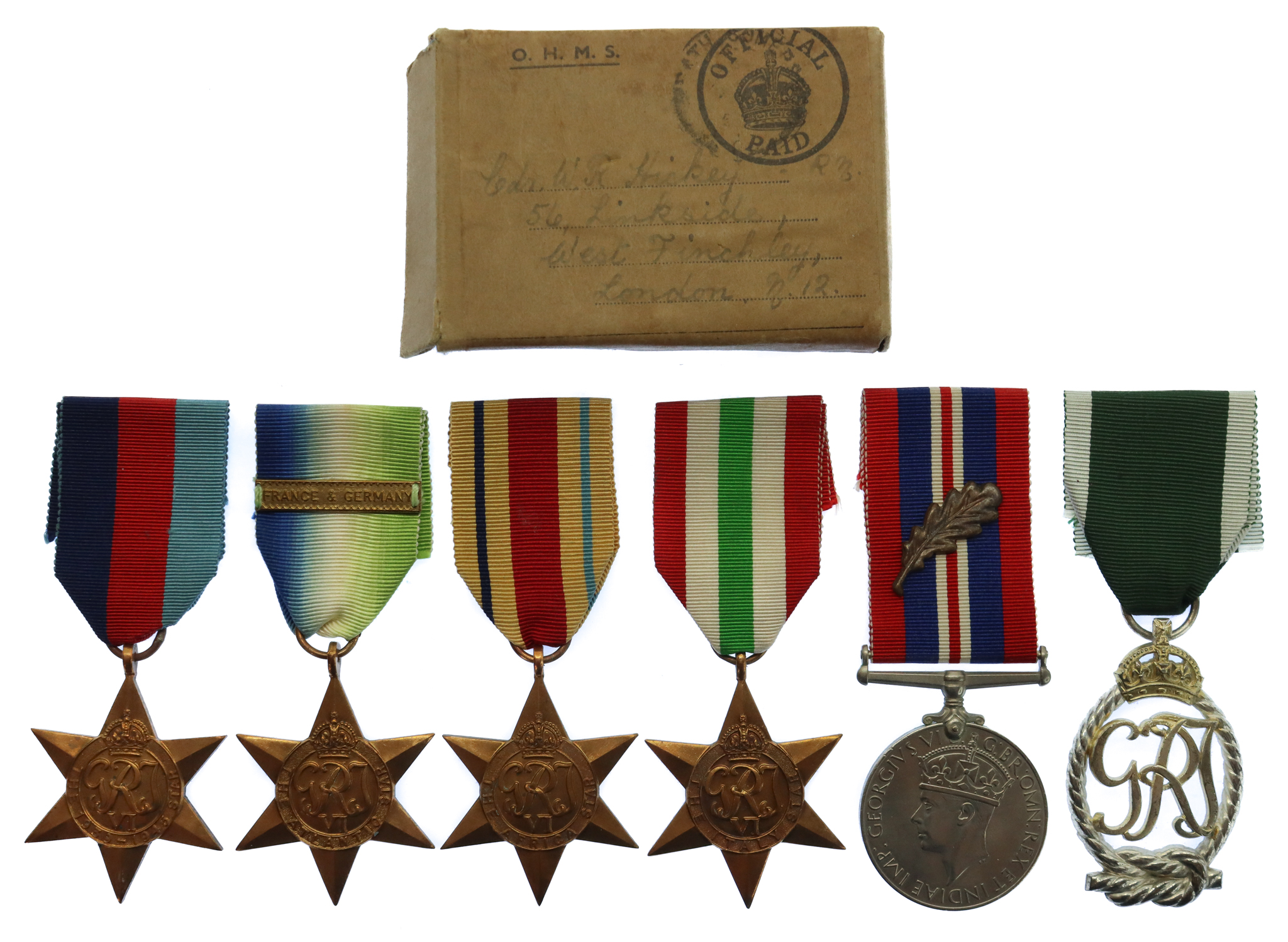 WW2 HMS Chakdina Mentioned in Despatches and Royal Naval Reserve Decoration Medal Group of Six - Lieut. Commander W.R. Hickey, Royal Naval Reserve