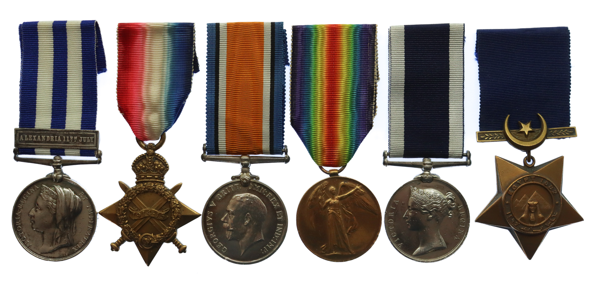 Egypt 1882 Medal (Clasp - Alexandria 11th July), WW1 1914-15 Star Trio and Khedives Star Long Service Medal Group of Six - CERA.2. R. Ball, Royal Navy