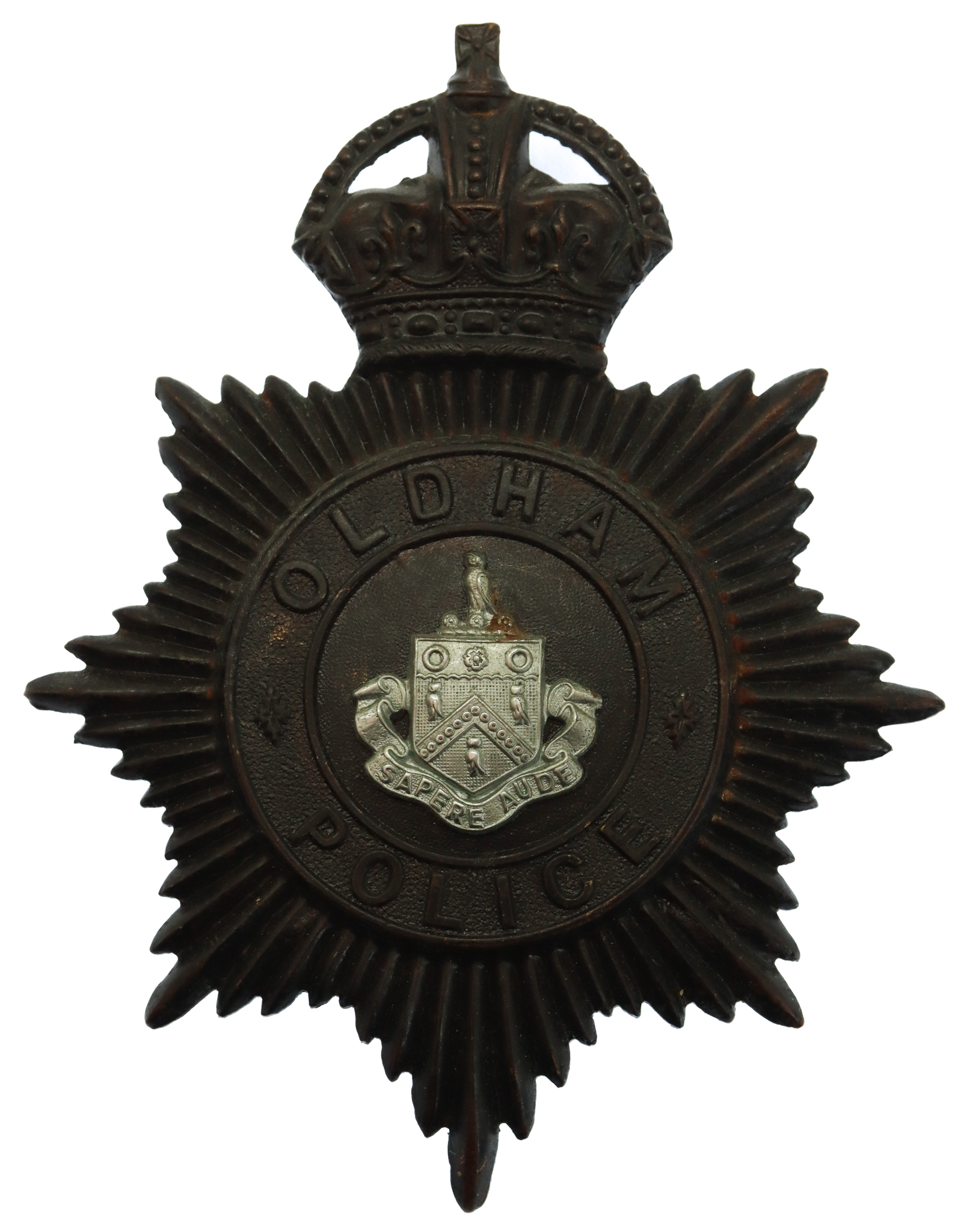 Oldham Borough Police Night Helmet Plate - King's Crown