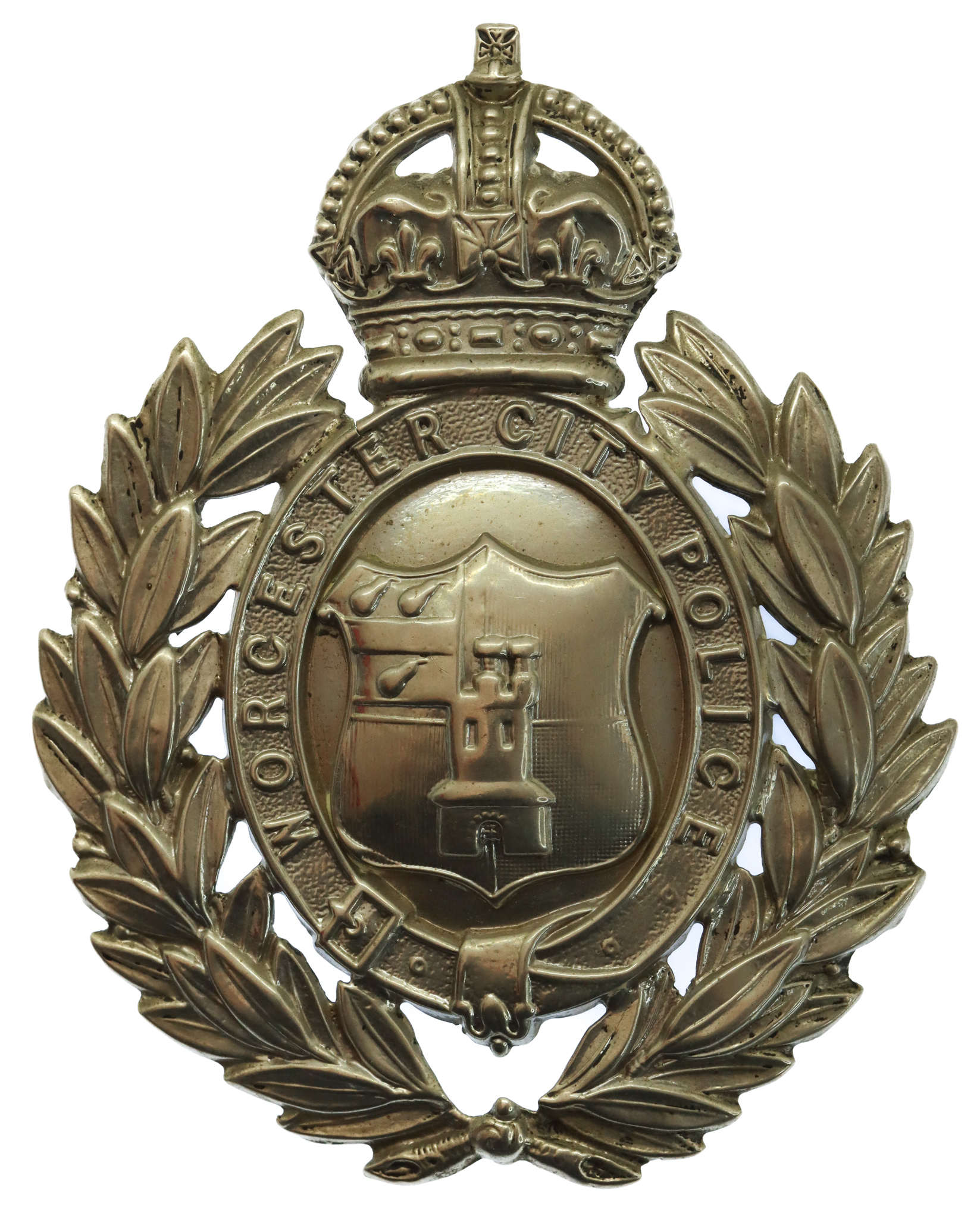 Worcester City Police White Metal Wreath Helmet Plate - King's Crown