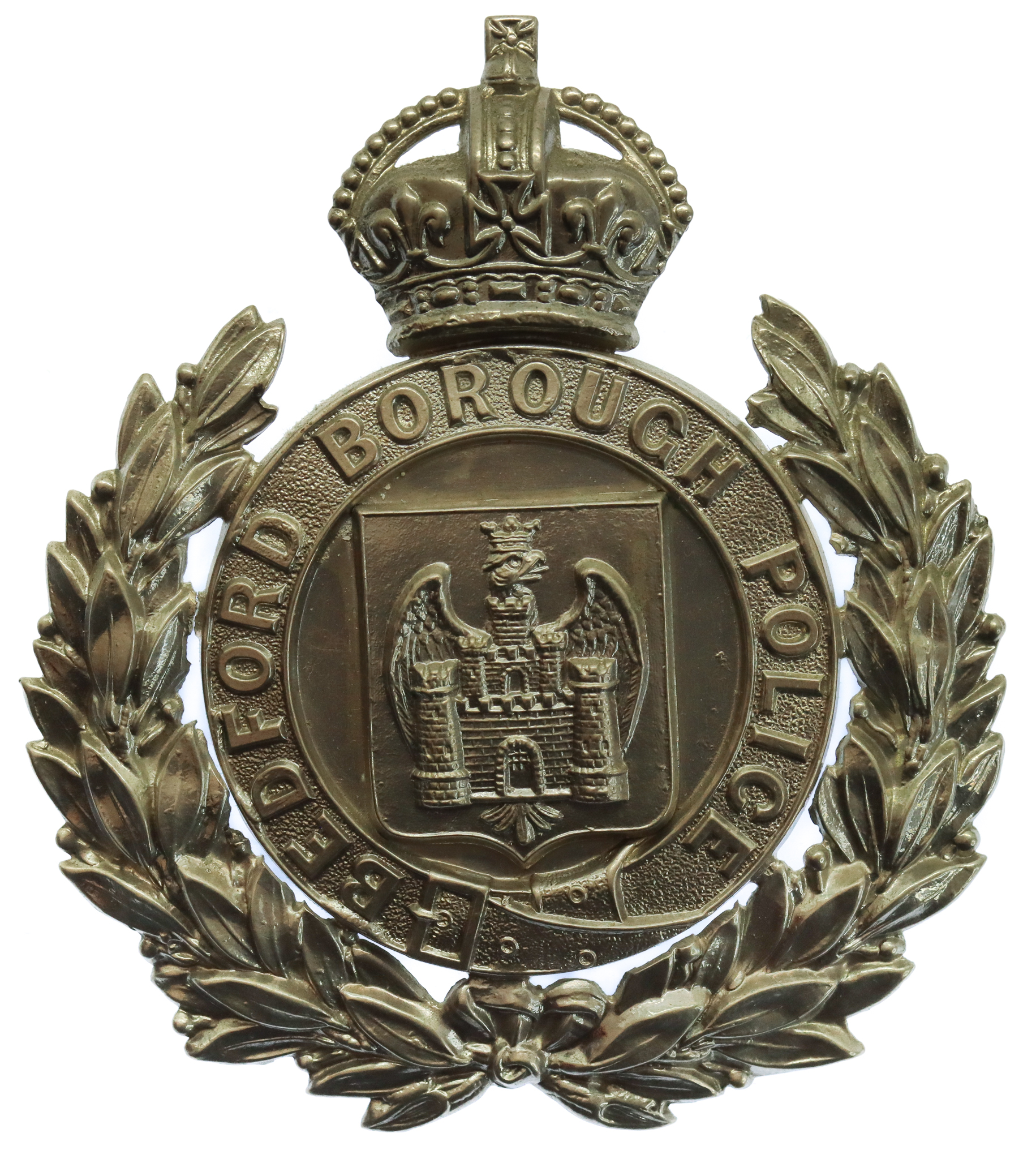 Bedford Borough Police White Metal Wreath Helmet Plate - King's Crown