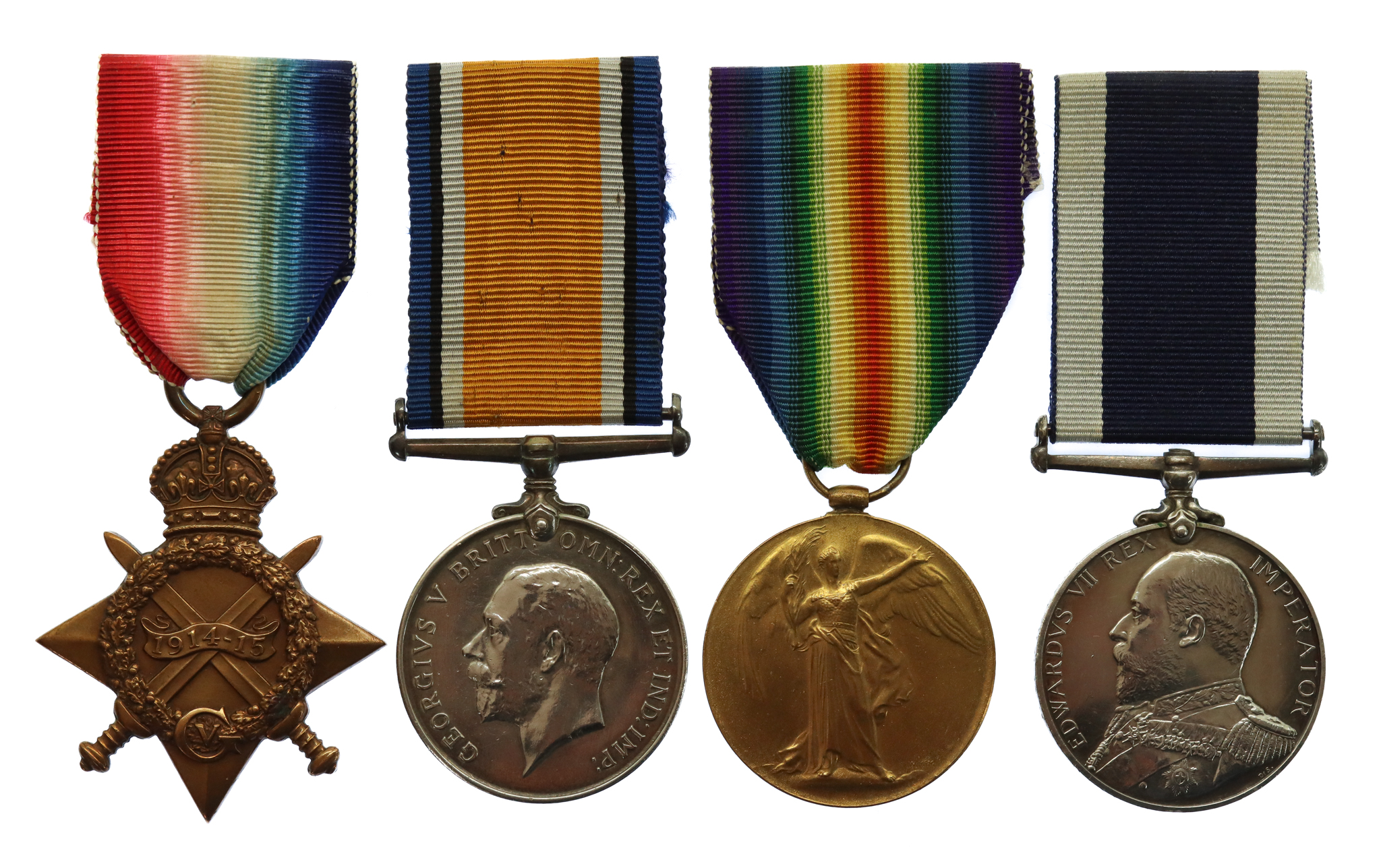 WW1 1914-15 Star, British War Medal, Victory Medal and Edward VII RN Long Service & Good Conduct Medal Group of Four - Officers Steward 1st Class H.C. Challis, Royal Navy