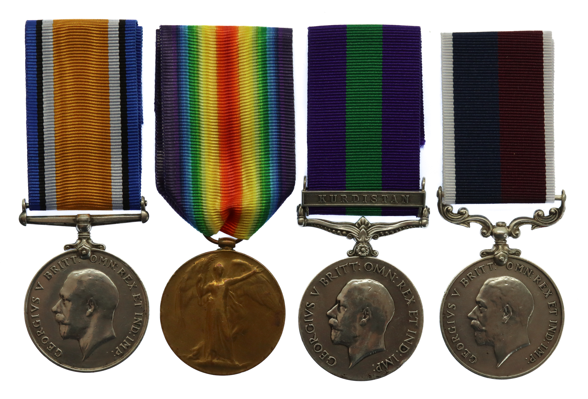 WW1 British War Medal, Victory Medal, GSM (Clasp - Kurdistan) and RAF Long Service & Good Conduct Medal Group of Four - Sgt. J. Smith, Hampshire Regiment and Royal Air Force