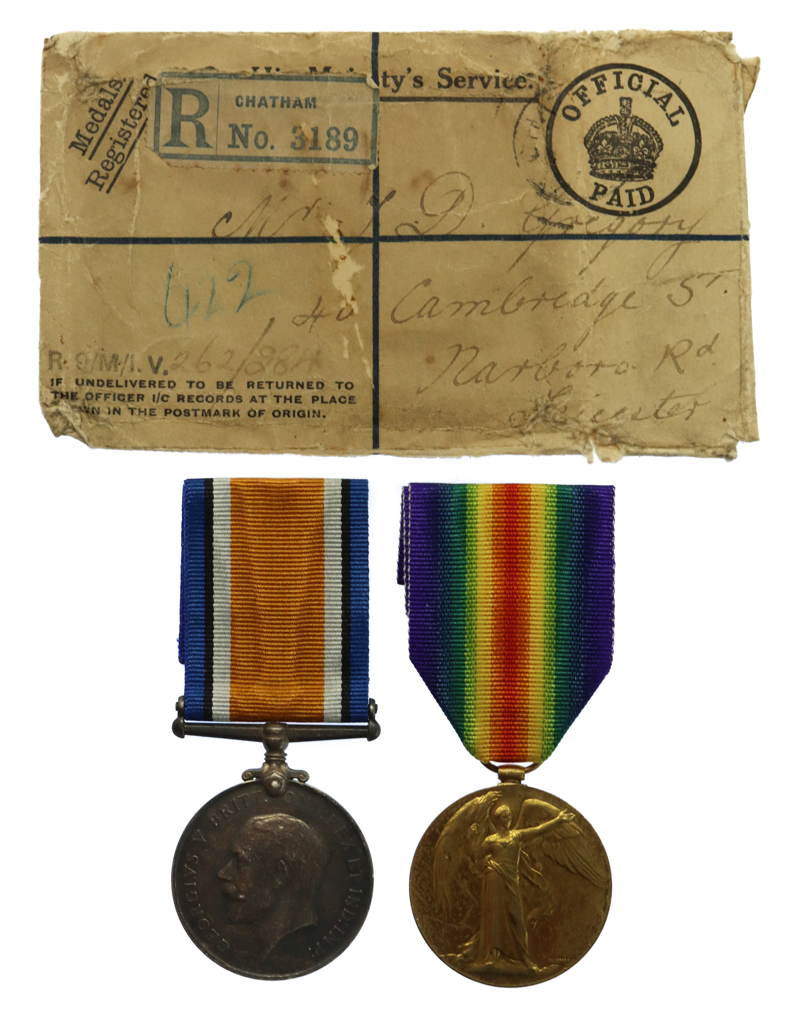 WW1 British War & Victory Medal Pair with Envelope - Pte. T.D. Gregory, Durham Light Infantry
