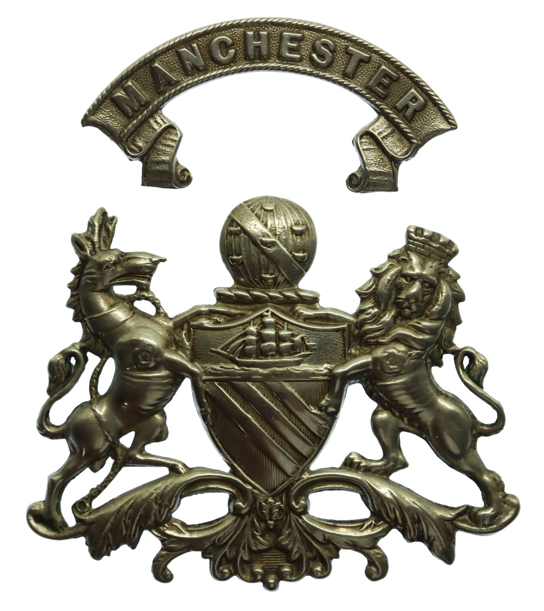 Manchester City Police White Metal Coat of Arms Helmet Plate 