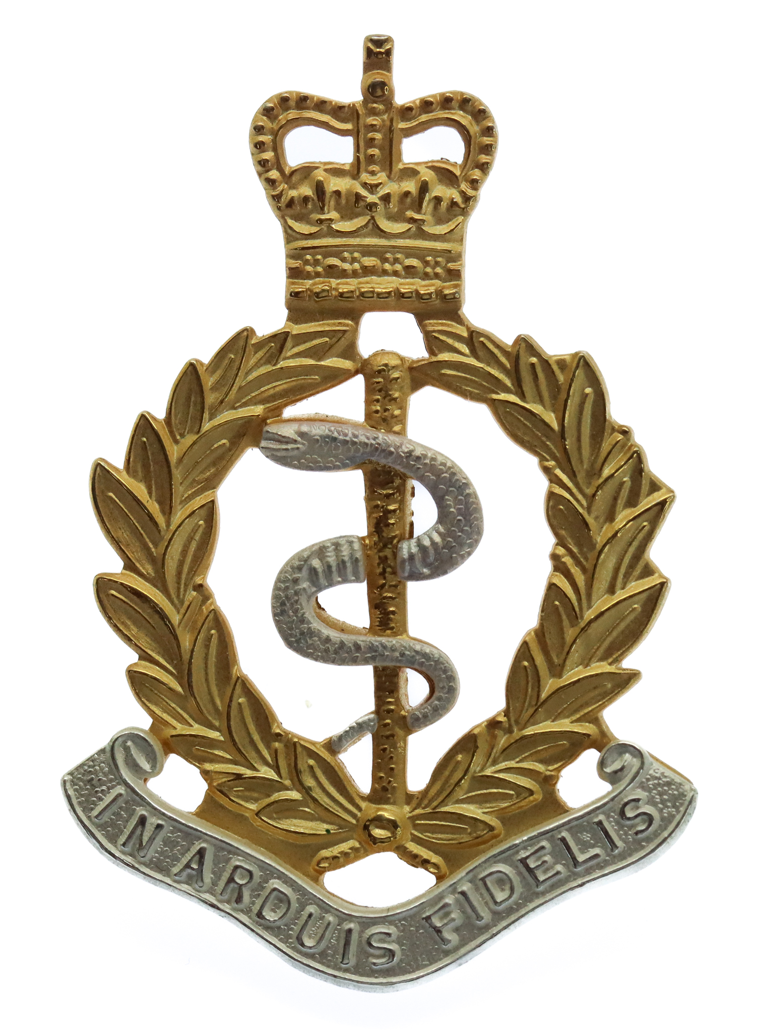 Royal Army Medical Corps (R.A.M.C.) Officer's Silvered and Gilt Cap Badge - Queen's Crown