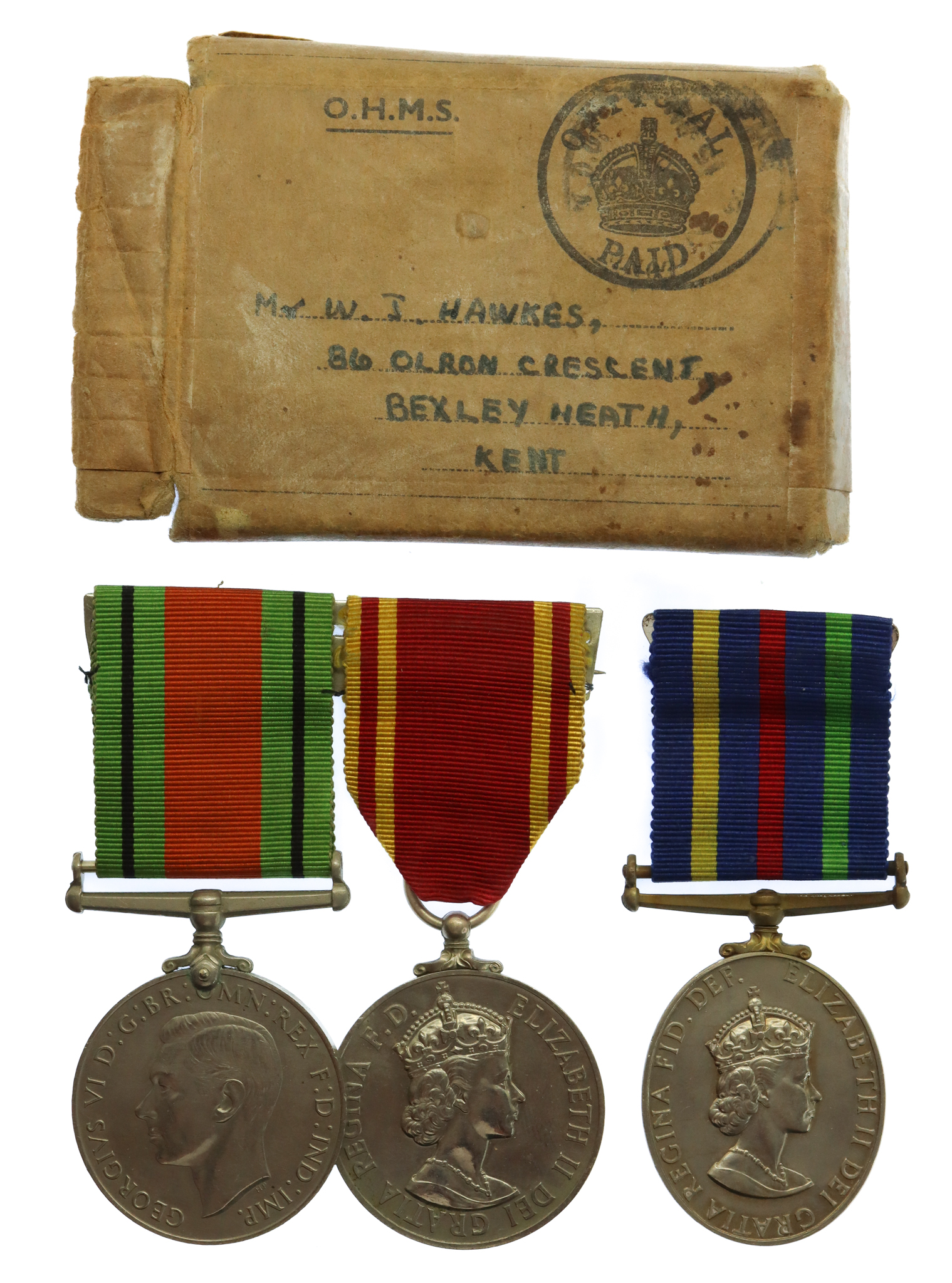 WW2 Defence Medal, Fire Brigade Long Service Medal and Civil Defence Medal Group of Three - Auxiliary Fireman William J. Hawkes