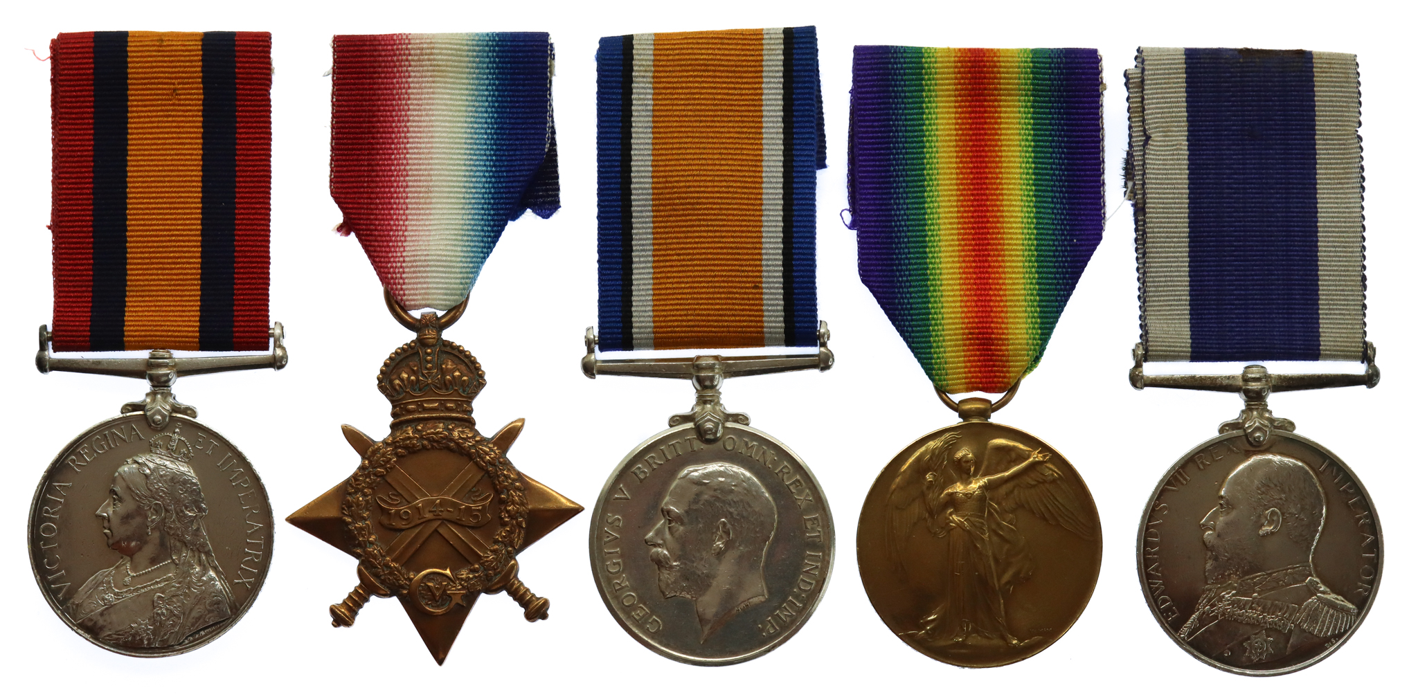  Queen's South Africa Medal, 1915-15 Star Trio and Edward VII RN Long Service & Good Conduct Medal Group of Five - Col. Sgt. E. Freeman, Royal Marine Light Infantry