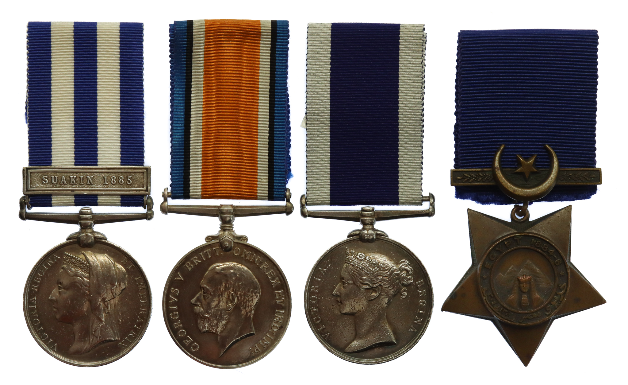 Egypt Medal (Clasp - Suakin 1885), WW1 British War Medal and RN Long Service & Good Conduct Medal Group of Four - Ldg. Sto. 2nd Cl. J. Colson, Royal Navy