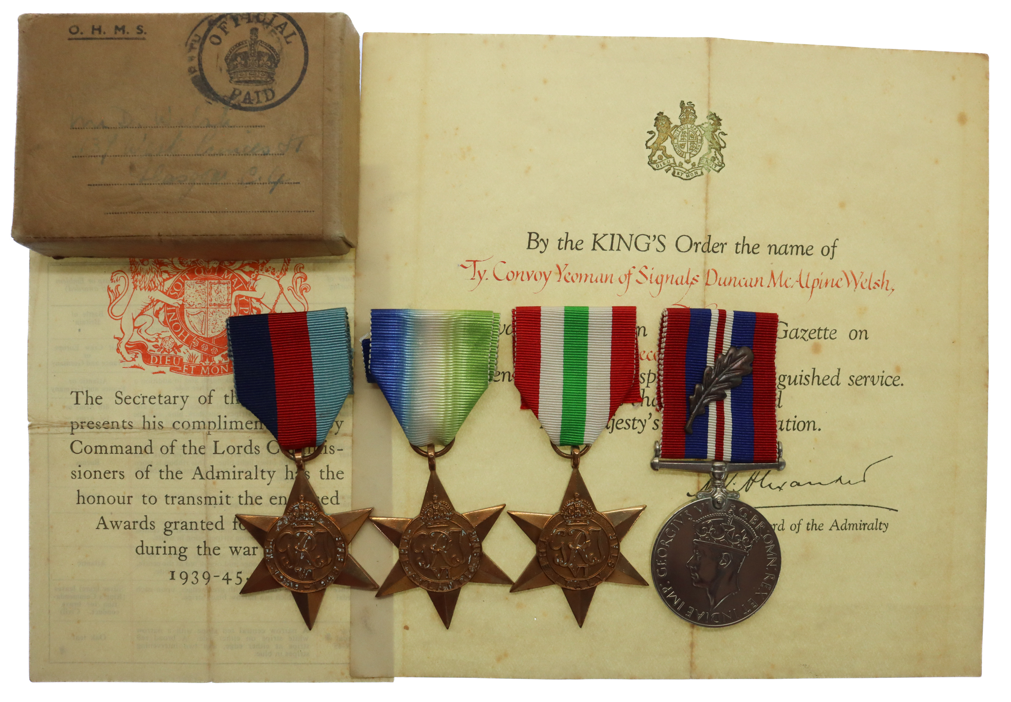 WW2 Mentioned in Despatches Medal Group of Four with MID Certificate & Box of Issue - Temp. Convoy Yeoman of Signals D.M. Welsh, Royal Navy
