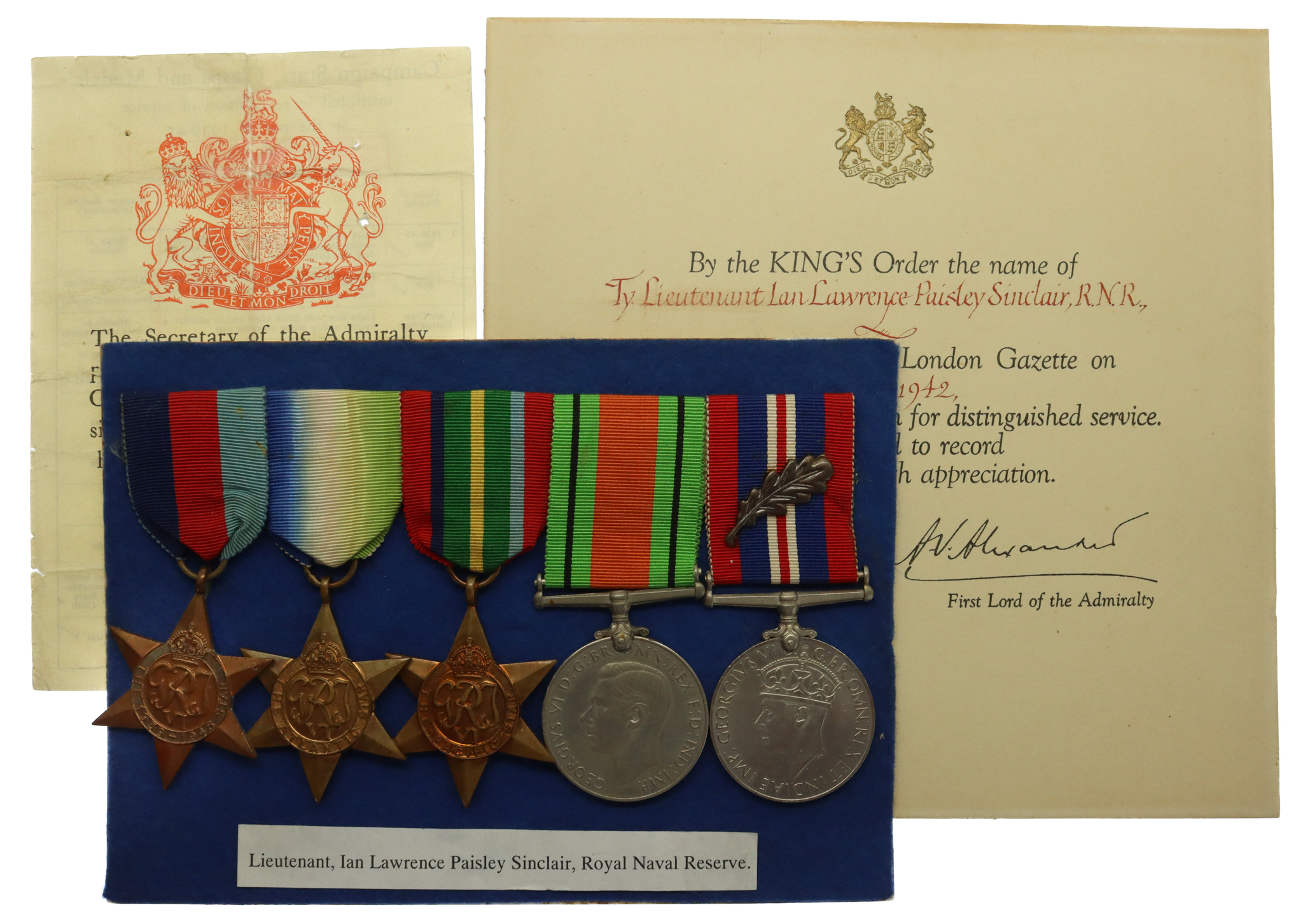 WW2 Mentioned in Despatches Medal Group of Five with Original MID Certificate - Temp. Lieutenant I.L.P. Sinclair, Royal Naval Reserve