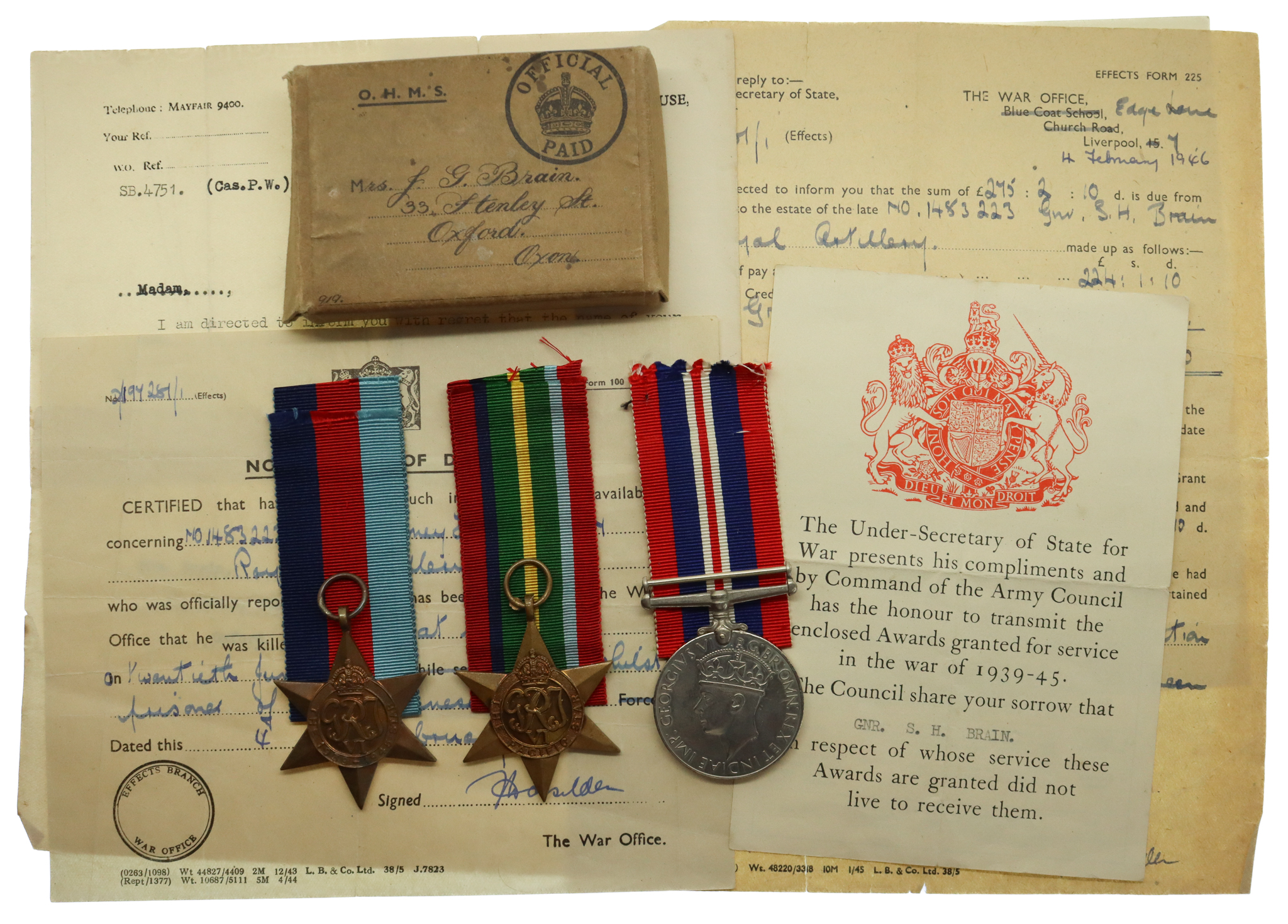 WW2 Japanese Prisoner of War Casualty Medal Group of Three - Gnr. S.H. Brain, 89 Bty. 35 Lt. A.A. Regt. Royal Artillery