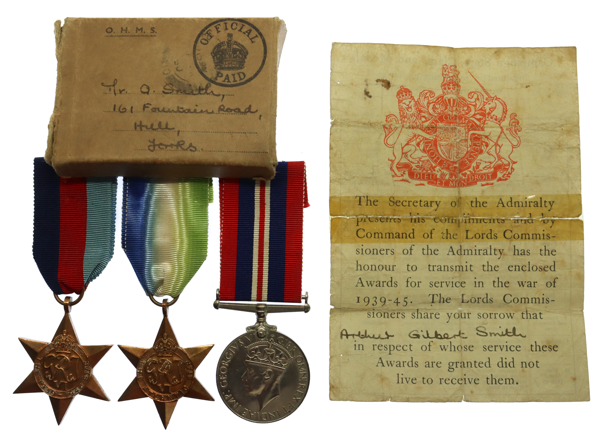WW2 Casualty Medal Group of Three with Box and Condolence Slip - Able Seaman A.G. Smith, Royal Navy - K.I.A. 5/11/44